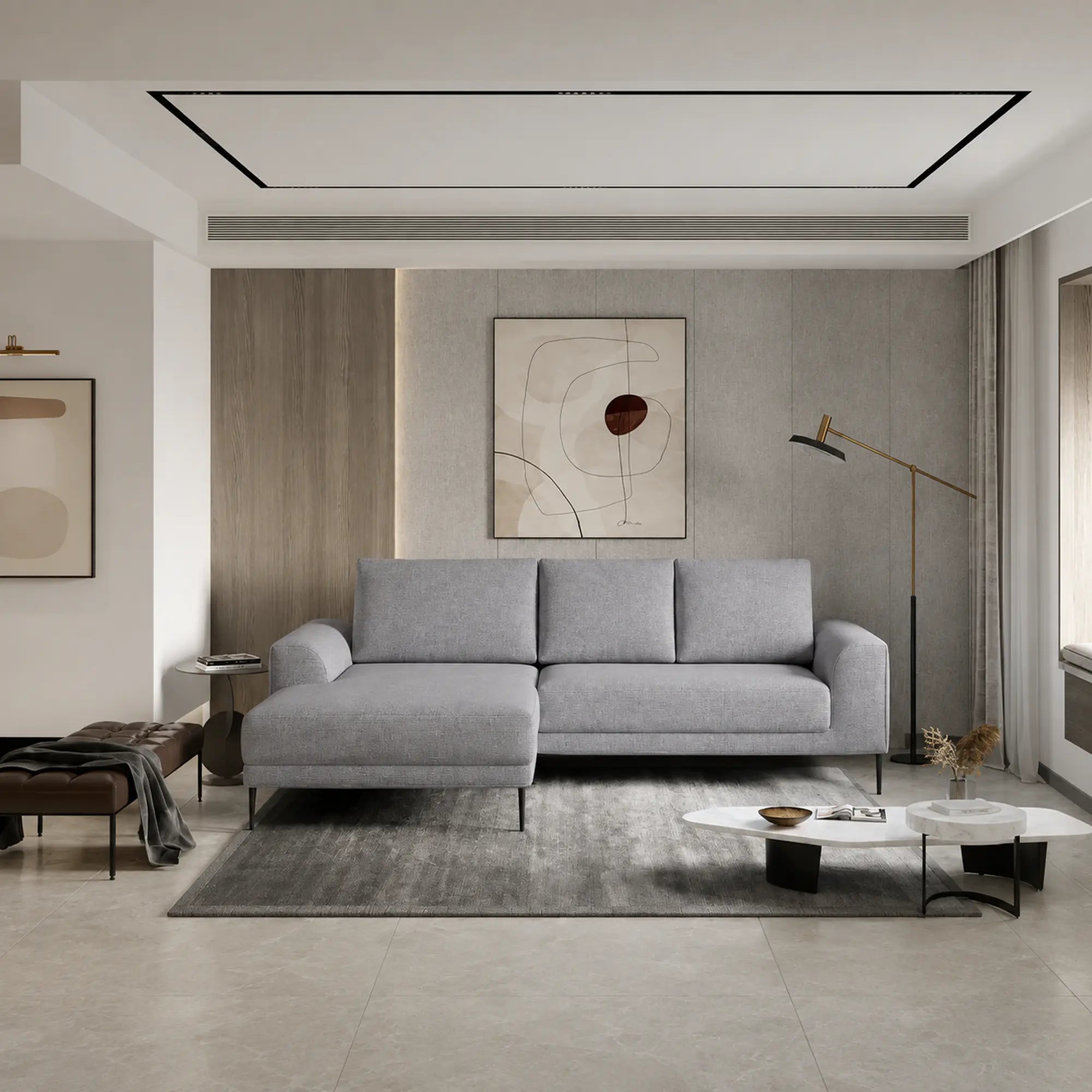 Coltar extensibil CAPITOL, sezlong stanga, stofa catifelata gri - Whisper 17, cu lada depozitare, 276x175x89 cm