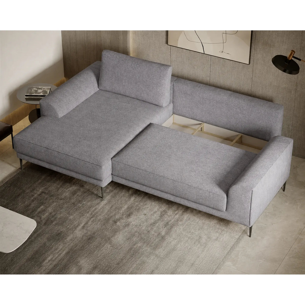 Coltar extensibil CAPITOL, sezlong stanga, stofa catifelata gri - Whisper 17, cu lada depozitare, 276x175x89 cm