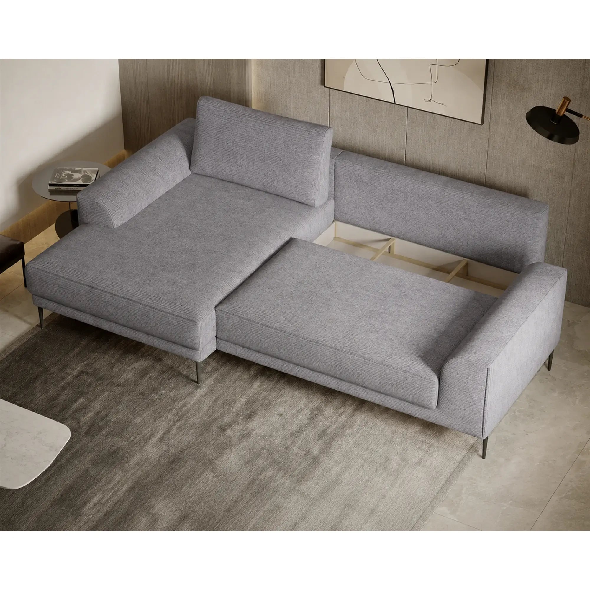 Coltar extensibil CAPITOL, sezlong stanga, stofa catifelata gri - Whisper 17, cu lada depozitare, 276x175x89 cm