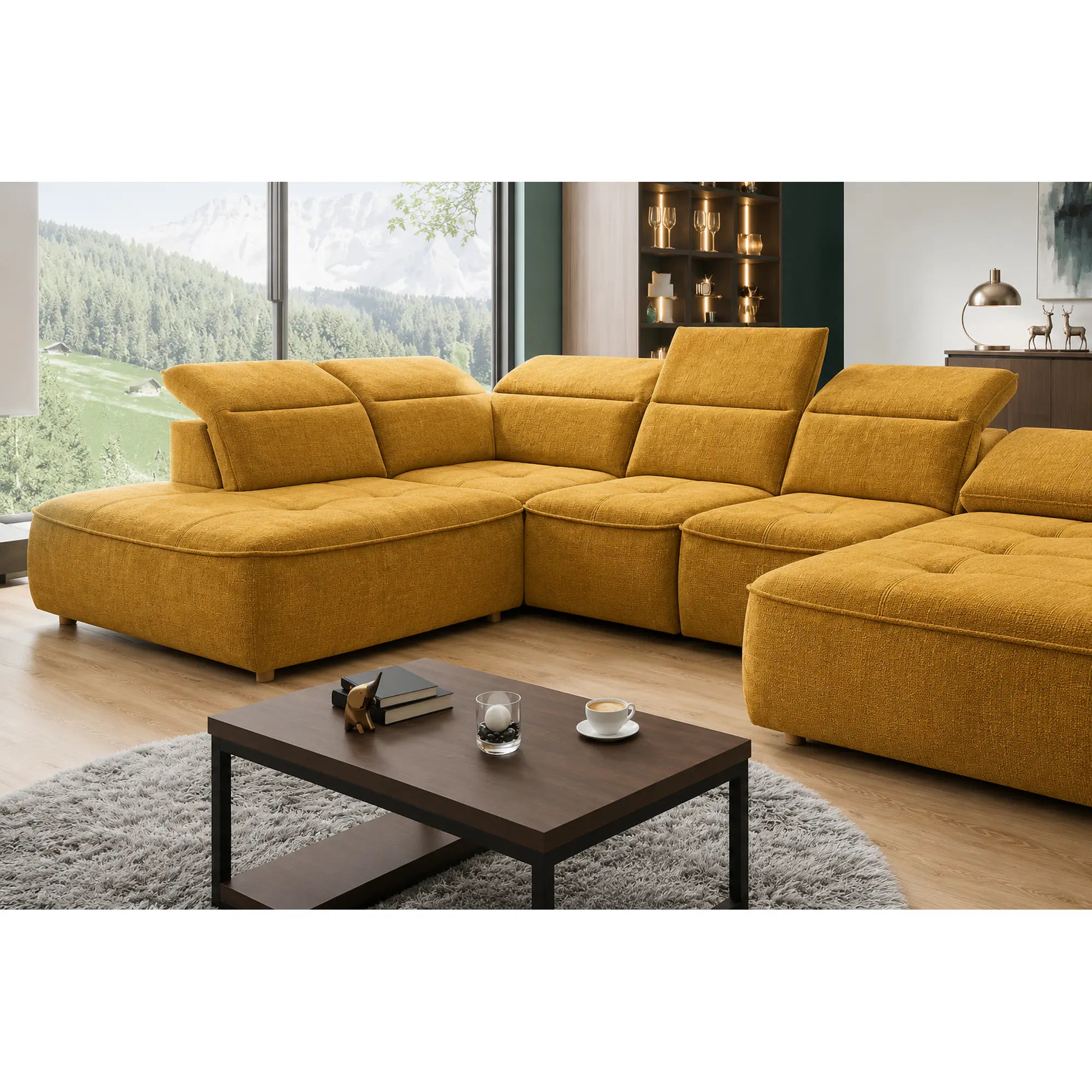 Coltar extensibil COLOMBO XL, sezlong stanga, stofa clasica galben mustar - Austin 11, cu sistem electric de ajustare a adancimii, tetiere, spatar si sezut reglabile, lada depozitare, 376x227x103 cm