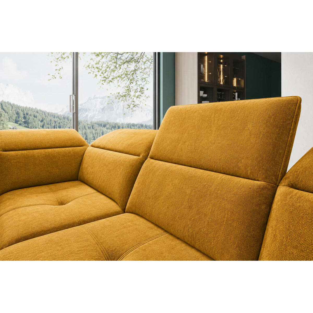 Coltar extensibil COLOMBO XL, sezlong stanga, stofa clasica galben mustar - Austin 11, cu sistem electric de ajustare a adancimii, tetiere, spatar si sezut reglabile, lada depozitare, 376x227x103 cm