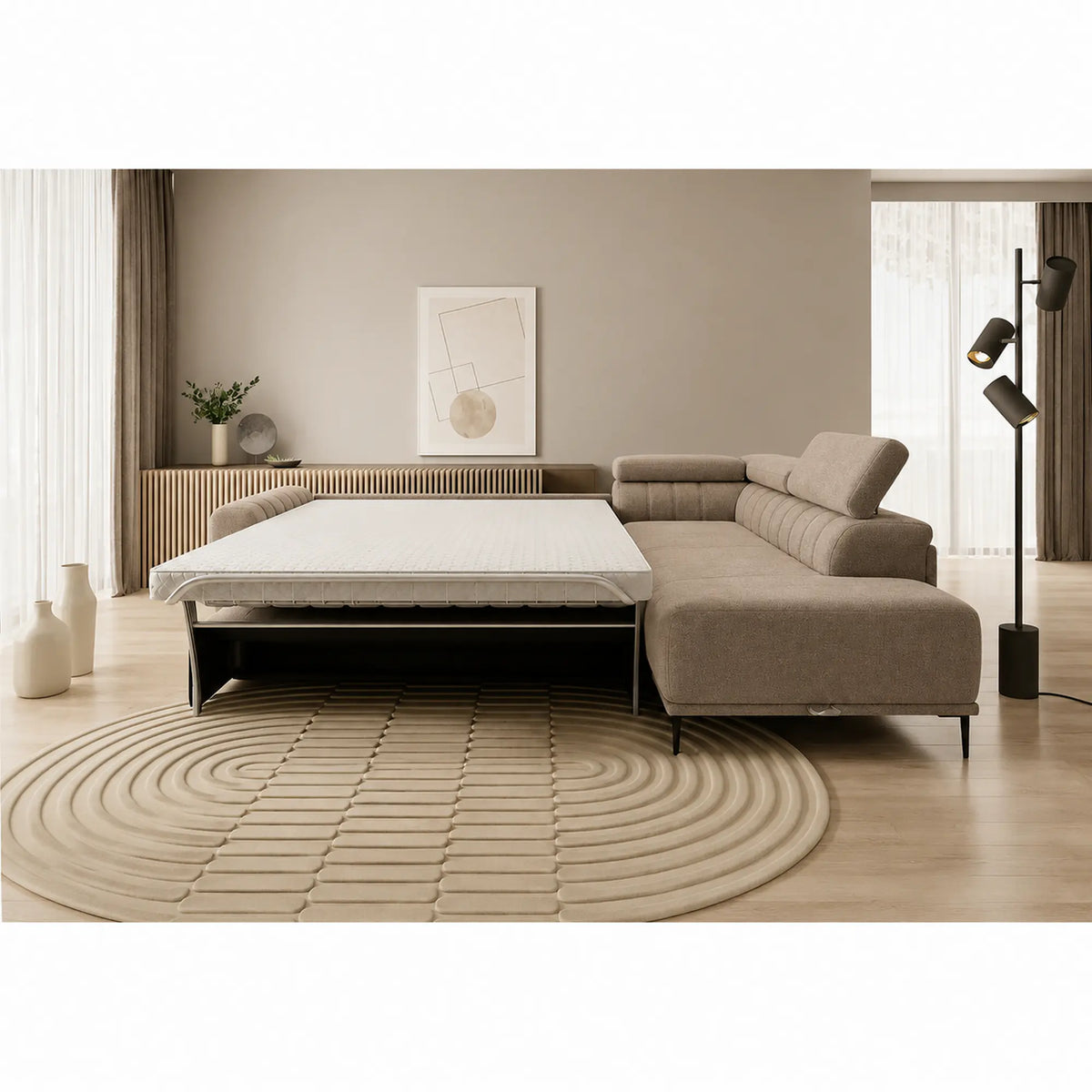 Coltar extensibil GANDI 160, sezlong dreapta, stofa catifelata bej - Vogue 02, cu lada depozitare, 301x204x99 cm