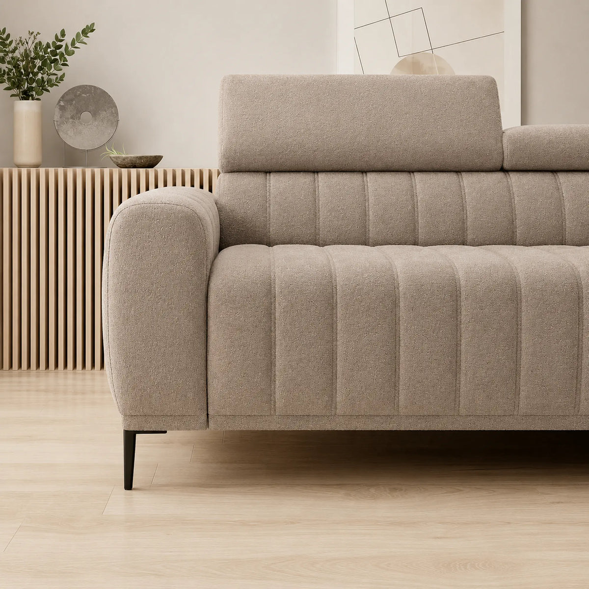 Coltar extensibil GANDI 160, sezlong dreapta, stofa catifelata bej - Vogue 02, cu lada depozitare, 301x204x99 cm
