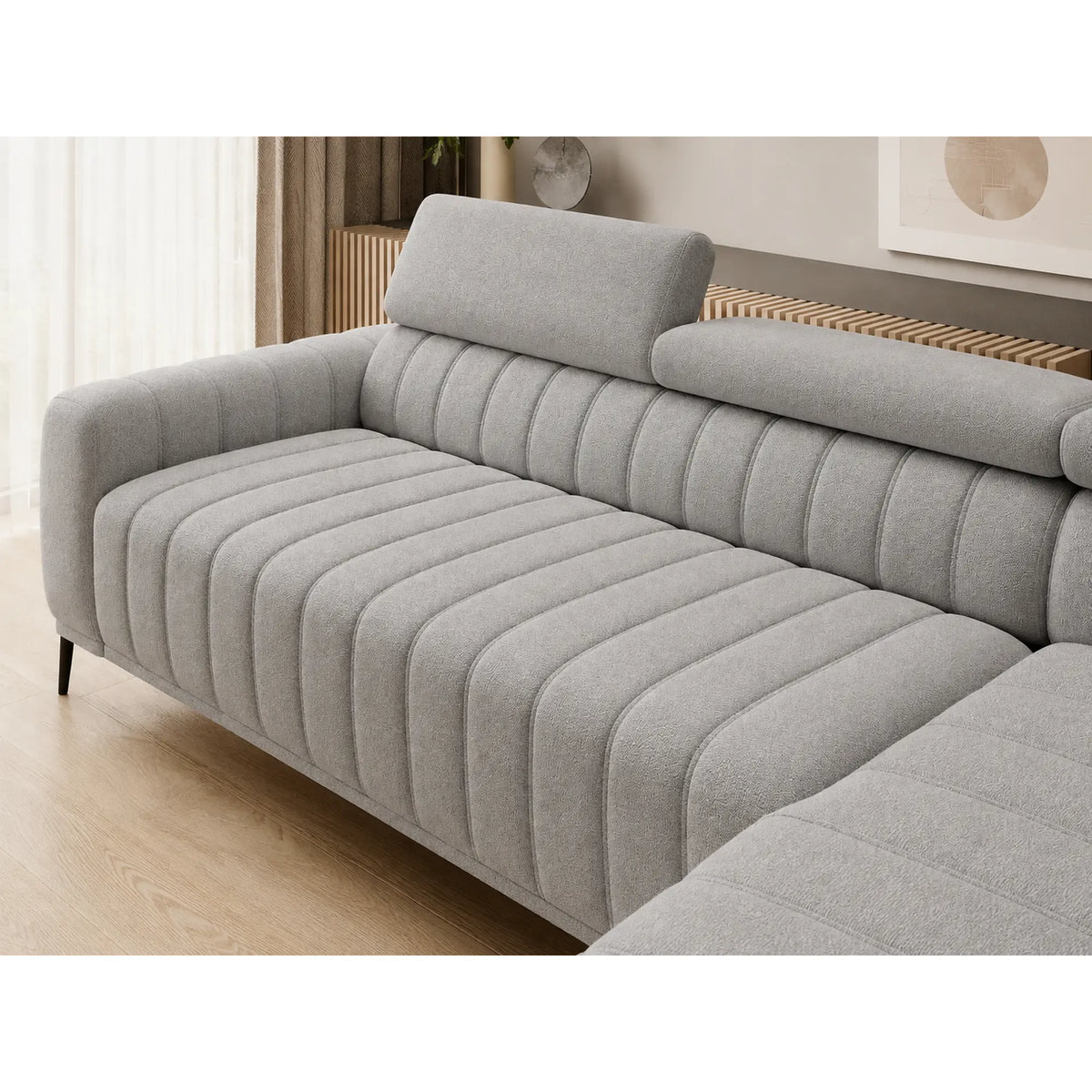 Coltar extensibil GANDI 160, sezlong dreapta, stofa catifelata gri - Salvador 14, cu lada depozitare, 301x204x99 cm