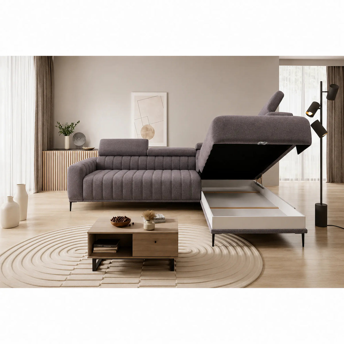 Coltar extensibil GANDI 160, sezlong dreapta, stofa catifelata gri deschis - Vogue 14, cu lada depozitare, 301x204x99 cm
