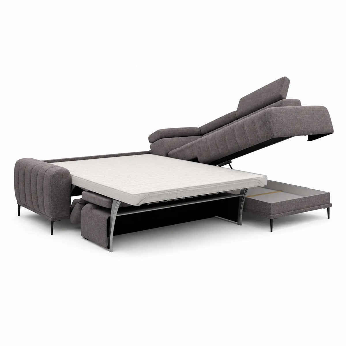 Coltar extensibil GANDI 160, sezlong dreapta, stofa catifelata gri deschis - Vogue 14, cu lada depozitare, 301x204x99 cm