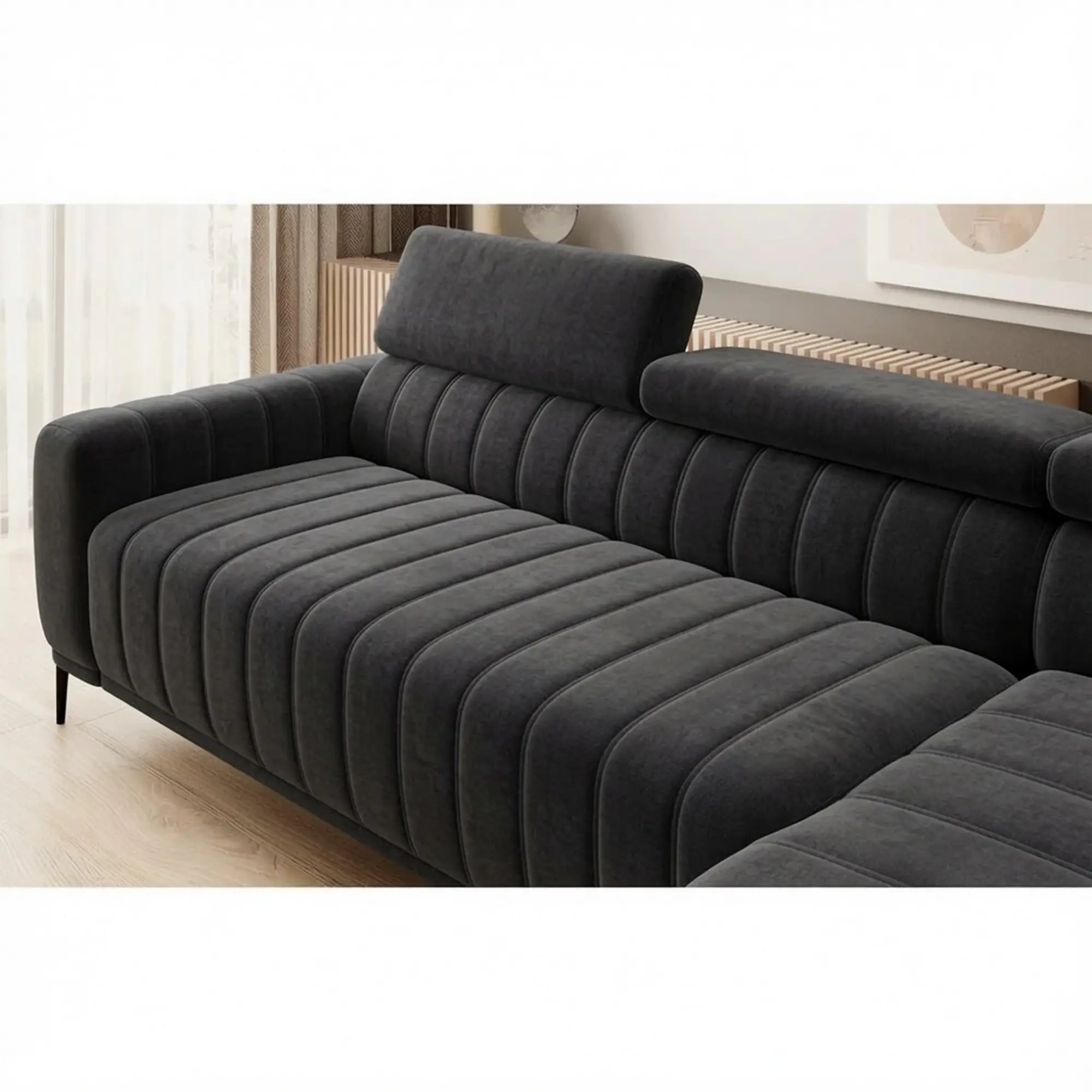 Coltar extensibil GANDI 160, sezlong dreapta, stofa catifelata gri grafit - Element 22, cu lada depozitare, 301x204x99 cm