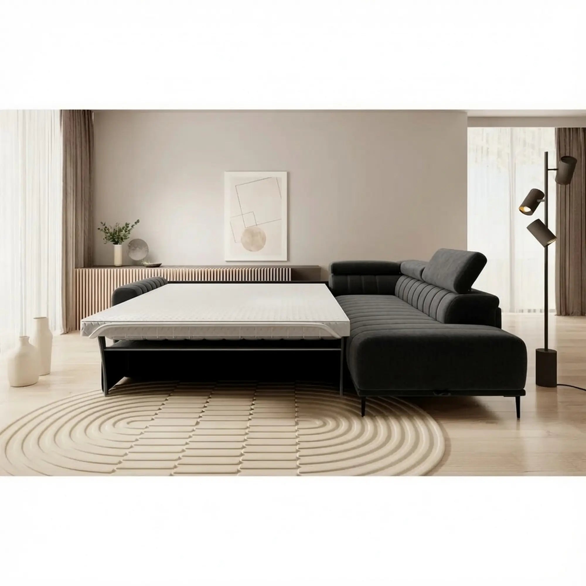 Coltar extensibil GANDI 160, sezlong dreapta, stofa catifelata gri grafit - Element 22, cu lada depozitare, 301x204x99 cm