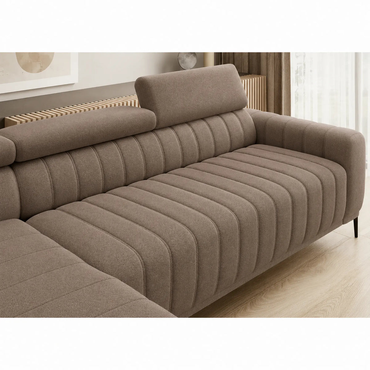 Coltar extensibil GANDI 160, sezlong stanga, stofa catifelata maro - Salvador 3, cu lada depozitare si tetiere reglabile, 301x204x99 cm