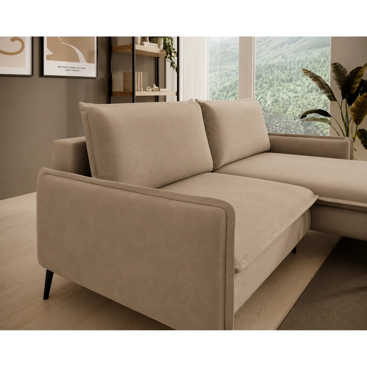 Coltar extensibil GLOSSY, sezlong dreapta, stofa catifelata bej - Riviera 16, cu lada depozitare, 226x162x88 cm