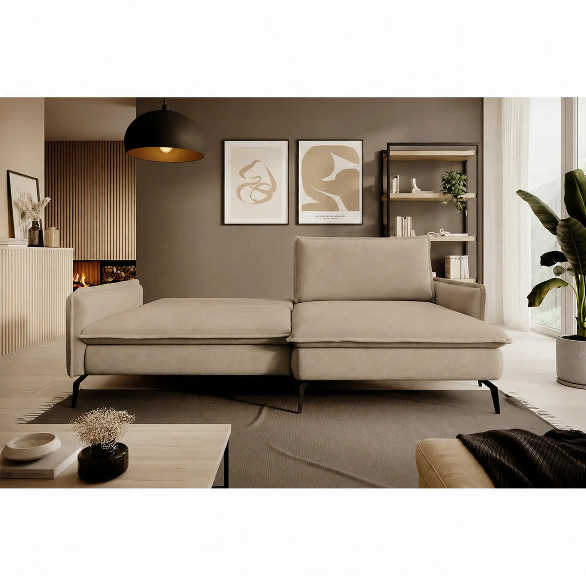 Coltar extensibil GLOSSY, sezlong dreapta, stofa catifelata bej - Riviera 16, cu lada depozitare, 226x162x88 cm