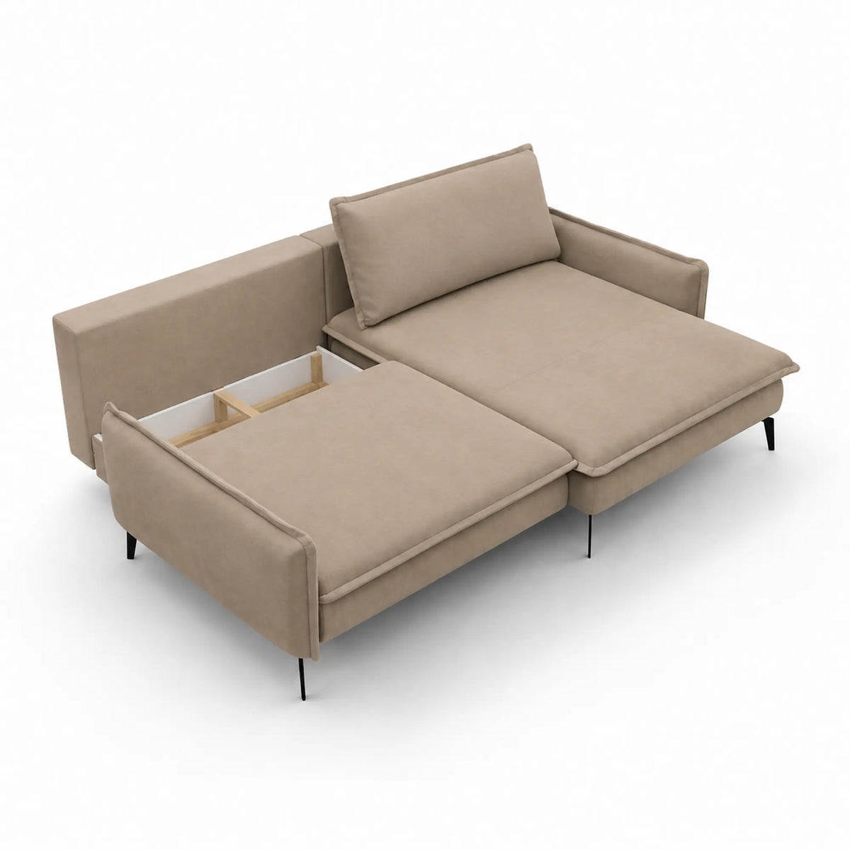 Coltar extensibil GLOSSY, sezlong dreapta, stofa catifelata bej - Riviera 16, cu lada depozitare, 226x162x88 cm
