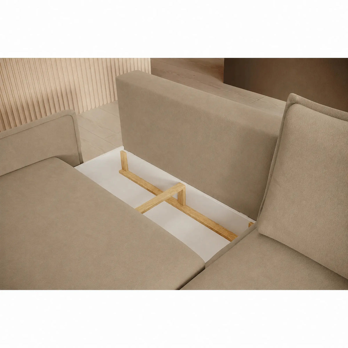 Coltar extensibil GLOSSY, sezlong dreapta, stofa catifelata bej - Riviera 16, cu lada depozitare, 226x162x88 cm