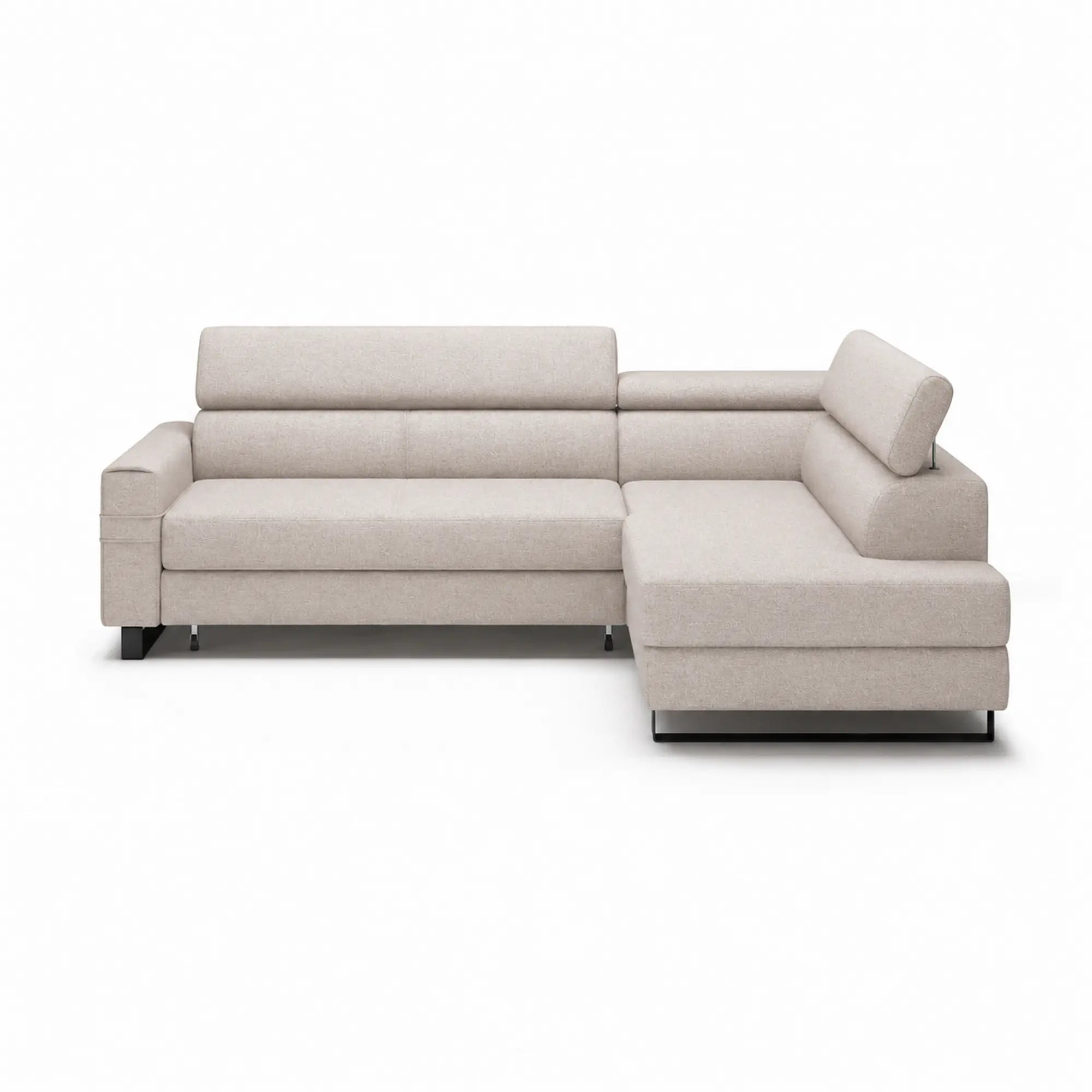 Coltar extensibil LIVIO, sezlong dreapta, stofa catifelata bej - Palladium 2, cu lada depozitare si tetiere reglabile, 249x184x90 cm