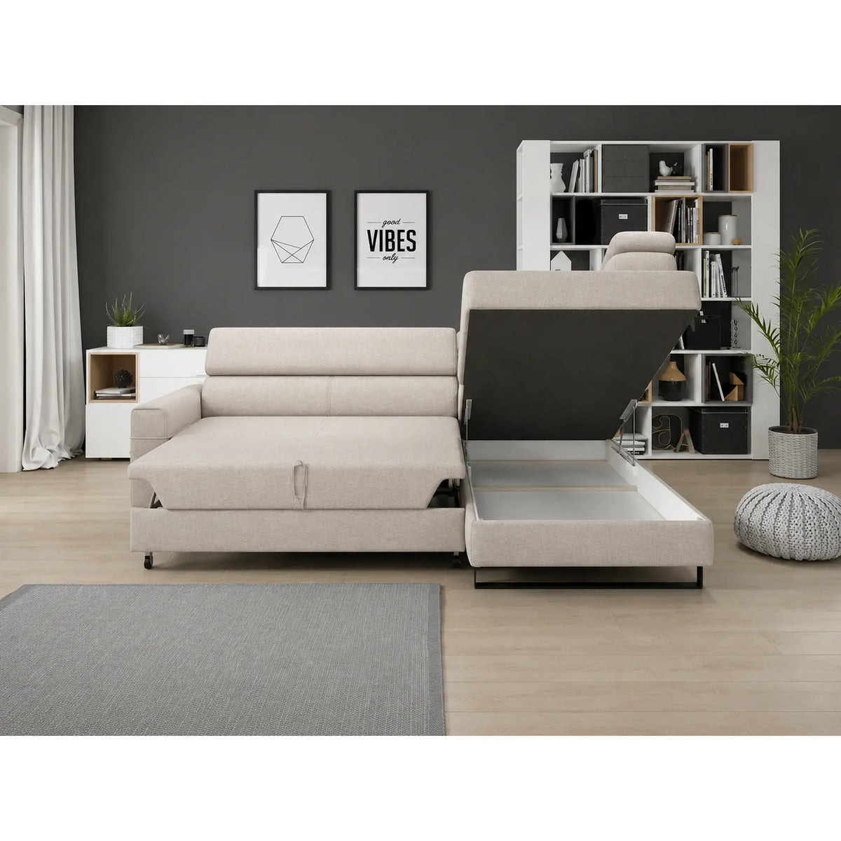 Coltar extensibil LIVIO, sezlong dreapta, stofa catifelata bej - Palladium 2, cu lada depozitare si tetiere reglabile, 249x184x90 cm
