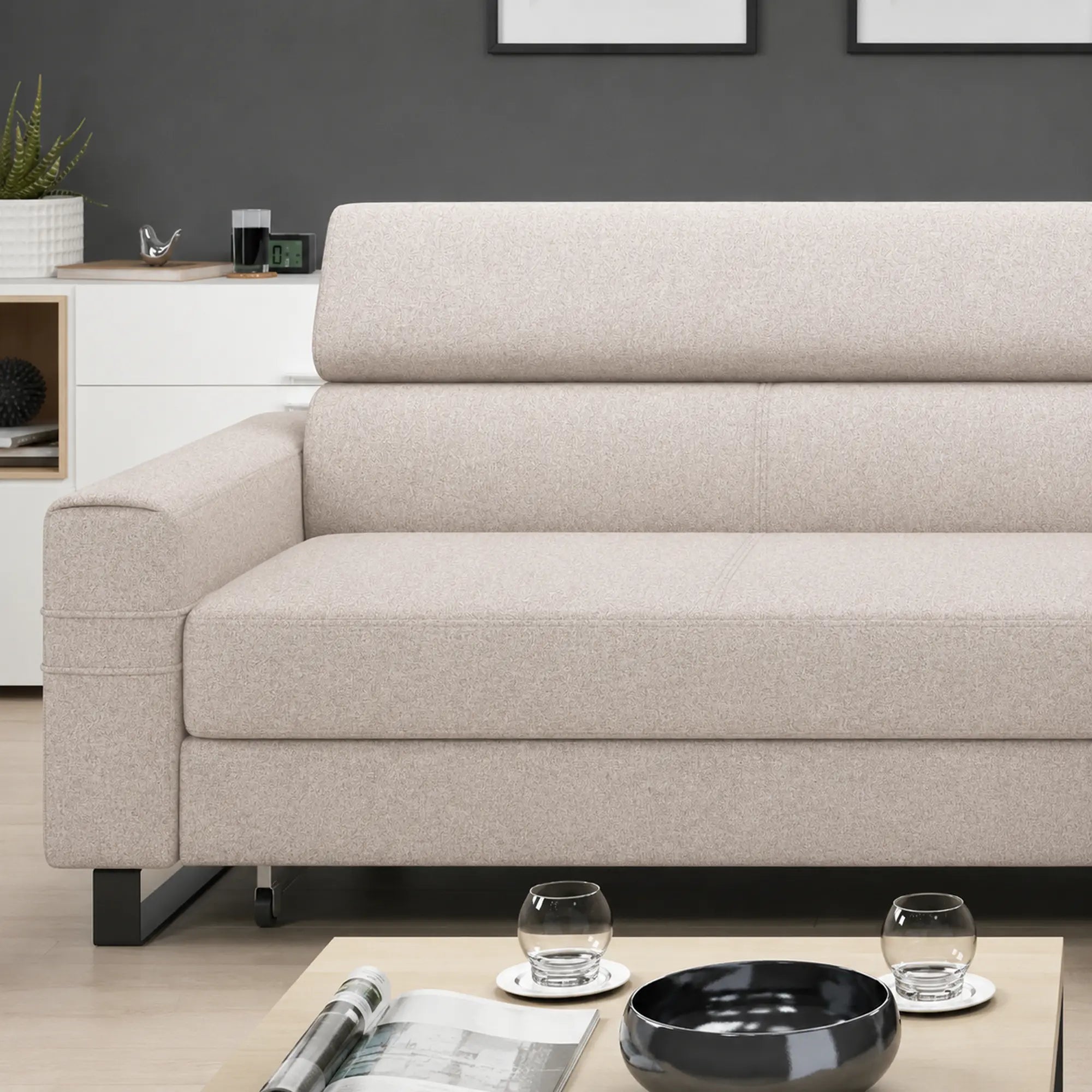 Coltar extensibil LIVIO, sezlong dreapta, stofa catifelata bej - Palladium 2, cu lada depozitare si tetiere reglabile, 249x184x90 cm