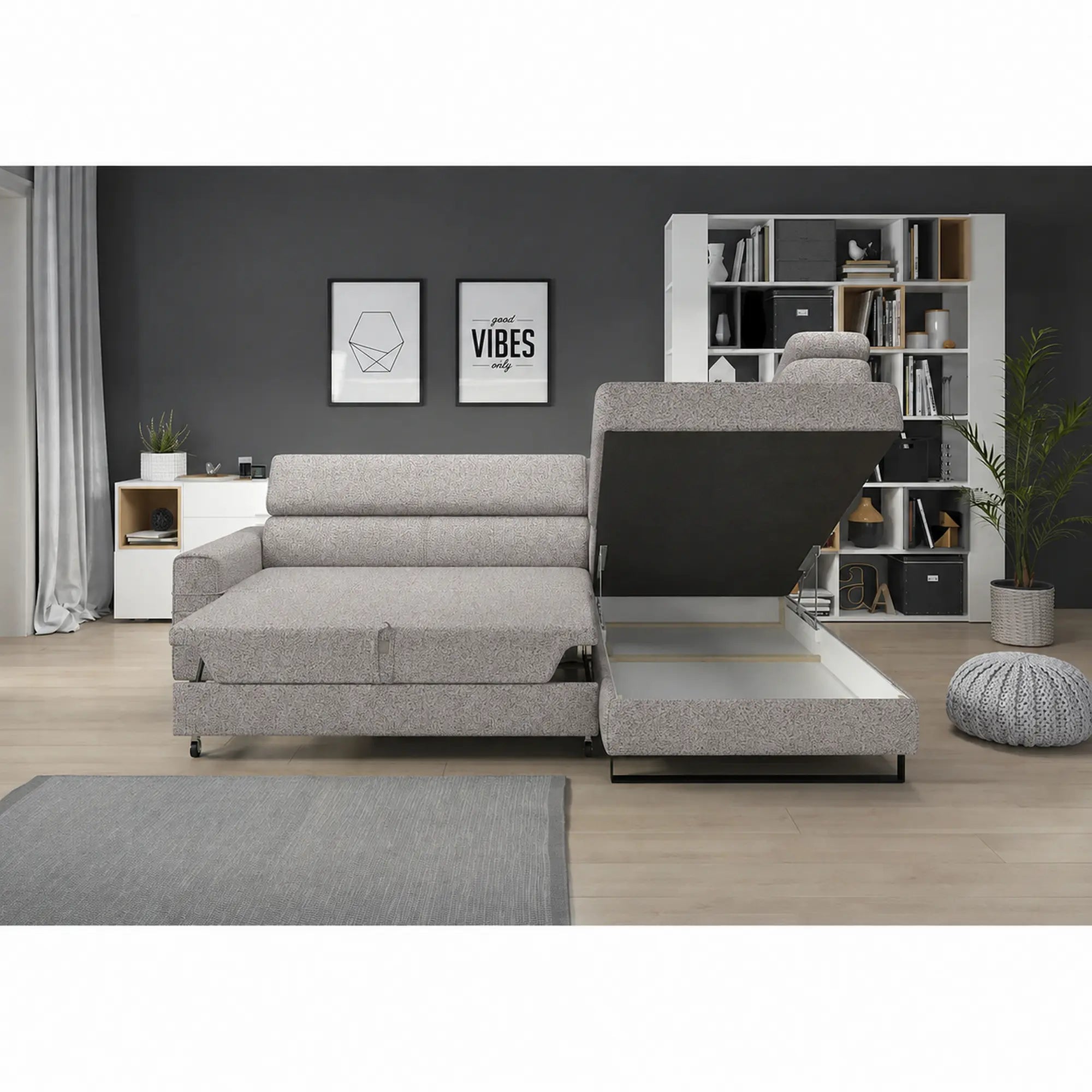 Coltar extensibil LIVIO, sezlong dreapta, stofa catifelata gri - Element 4, cu lada depozitare si tetiere reglabile, 249x184x90 cm