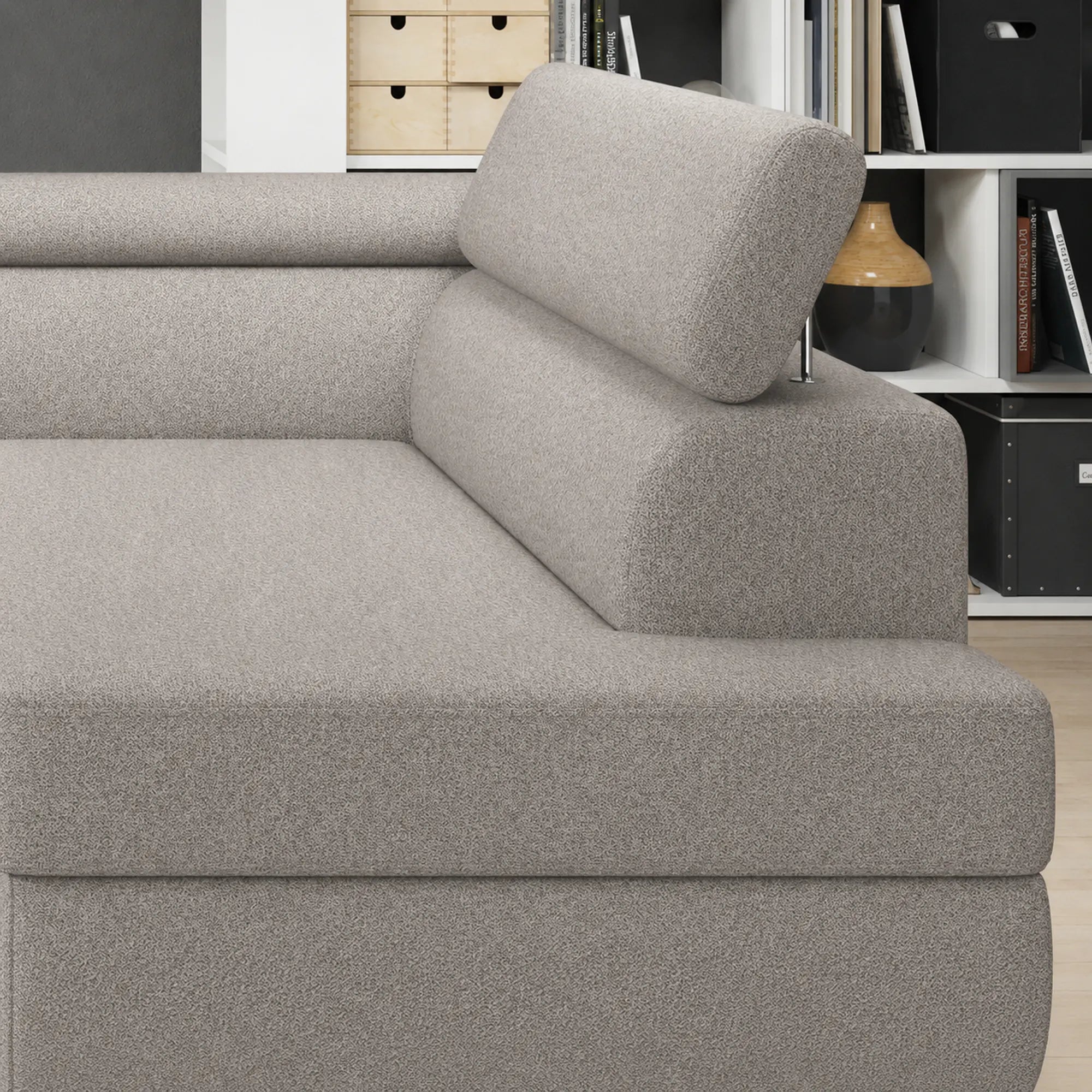 Coltar extensibil LIVIO, sezlong dreapta, stofa catifelata gri - Element 4, cu lada depozitare si tetiere reglabile, 249x184x90 cm