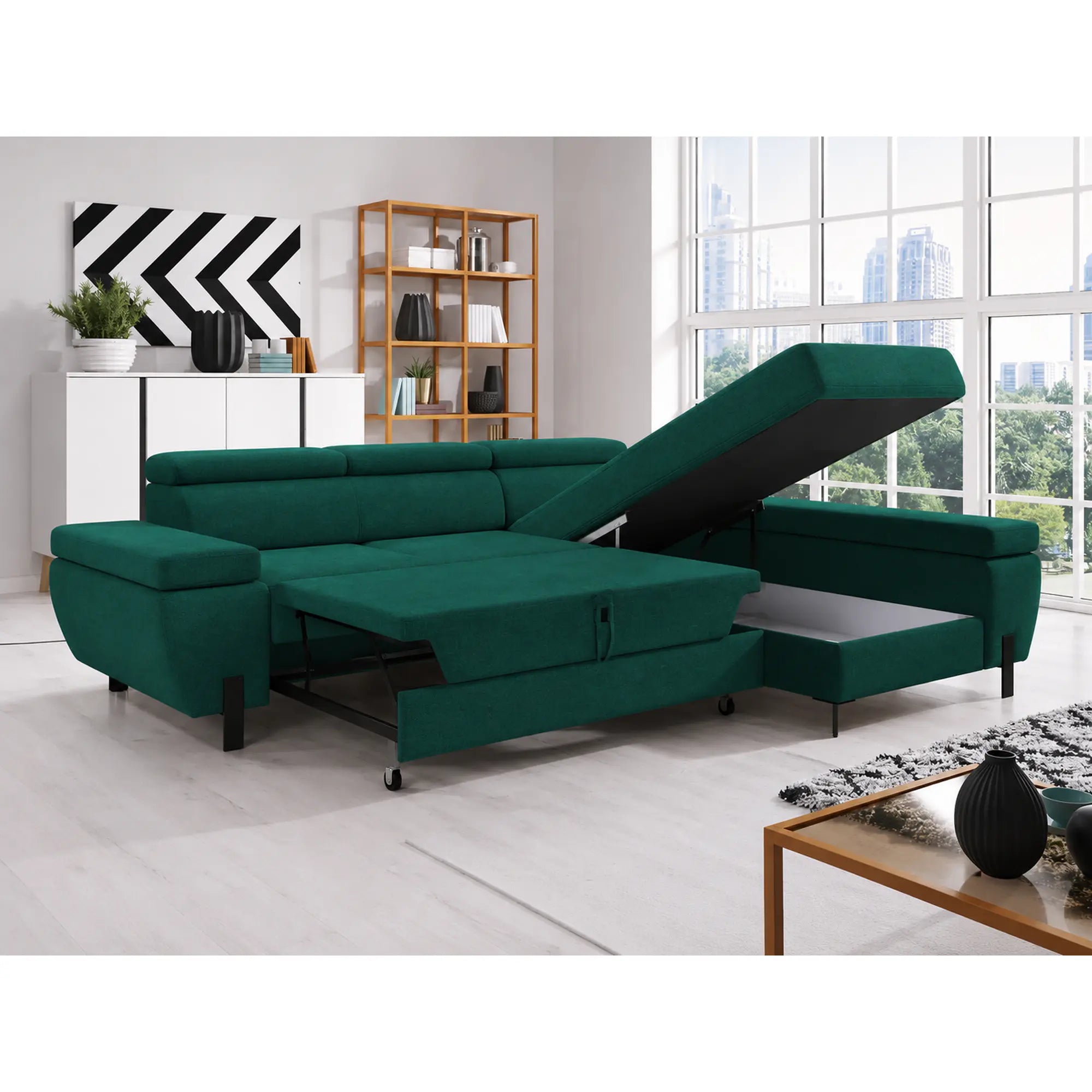 Coltar extensibil MOLINA MINI, sezlong dreapta, stofa catifelata verde - Element 20, cu lada depozitare, 277x189x90 cm