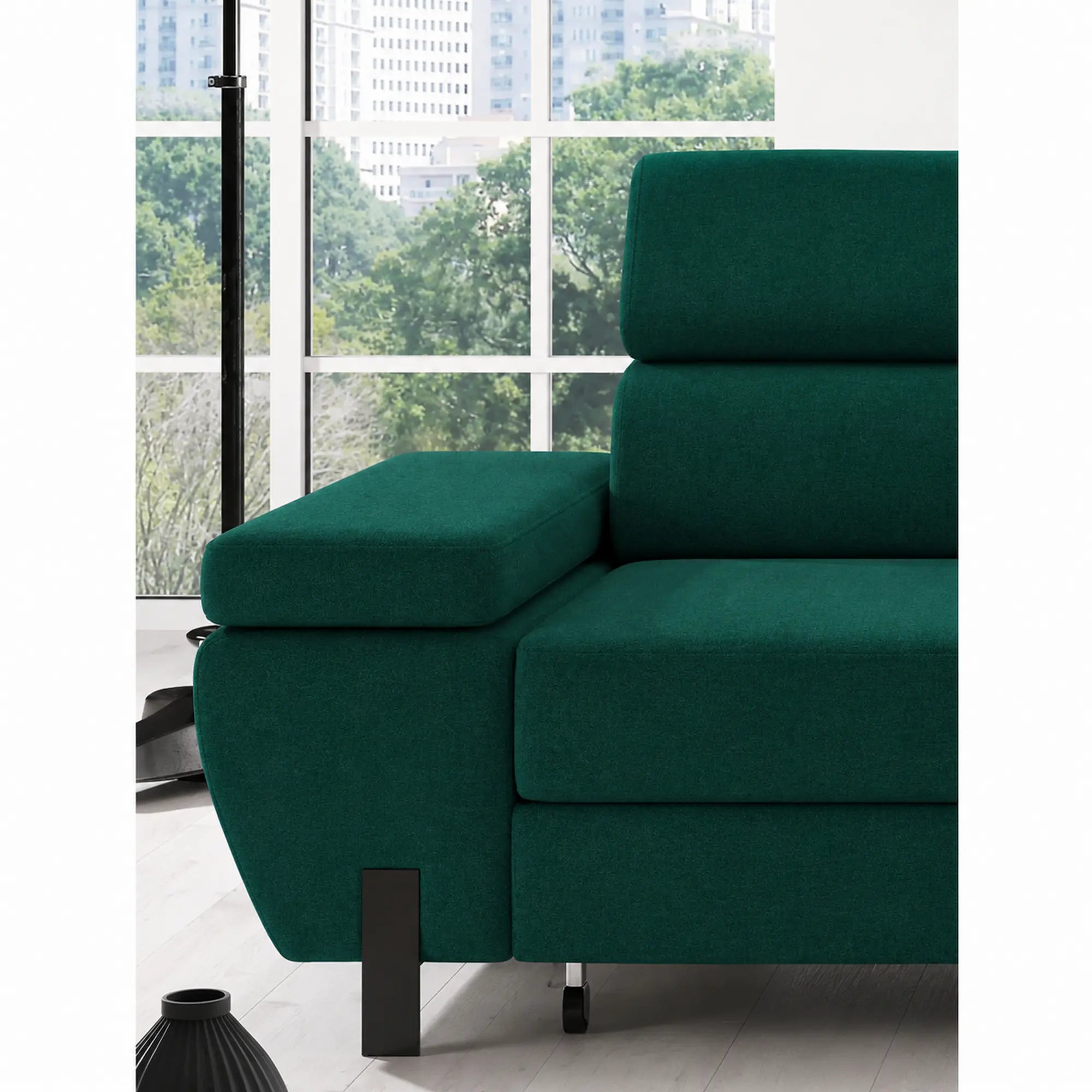 Coltar extensibil MOLINA MINI, sezlong dreapta, stofa catifelata verde - Element 20, cu lada depozitare, 277x189x90 cm