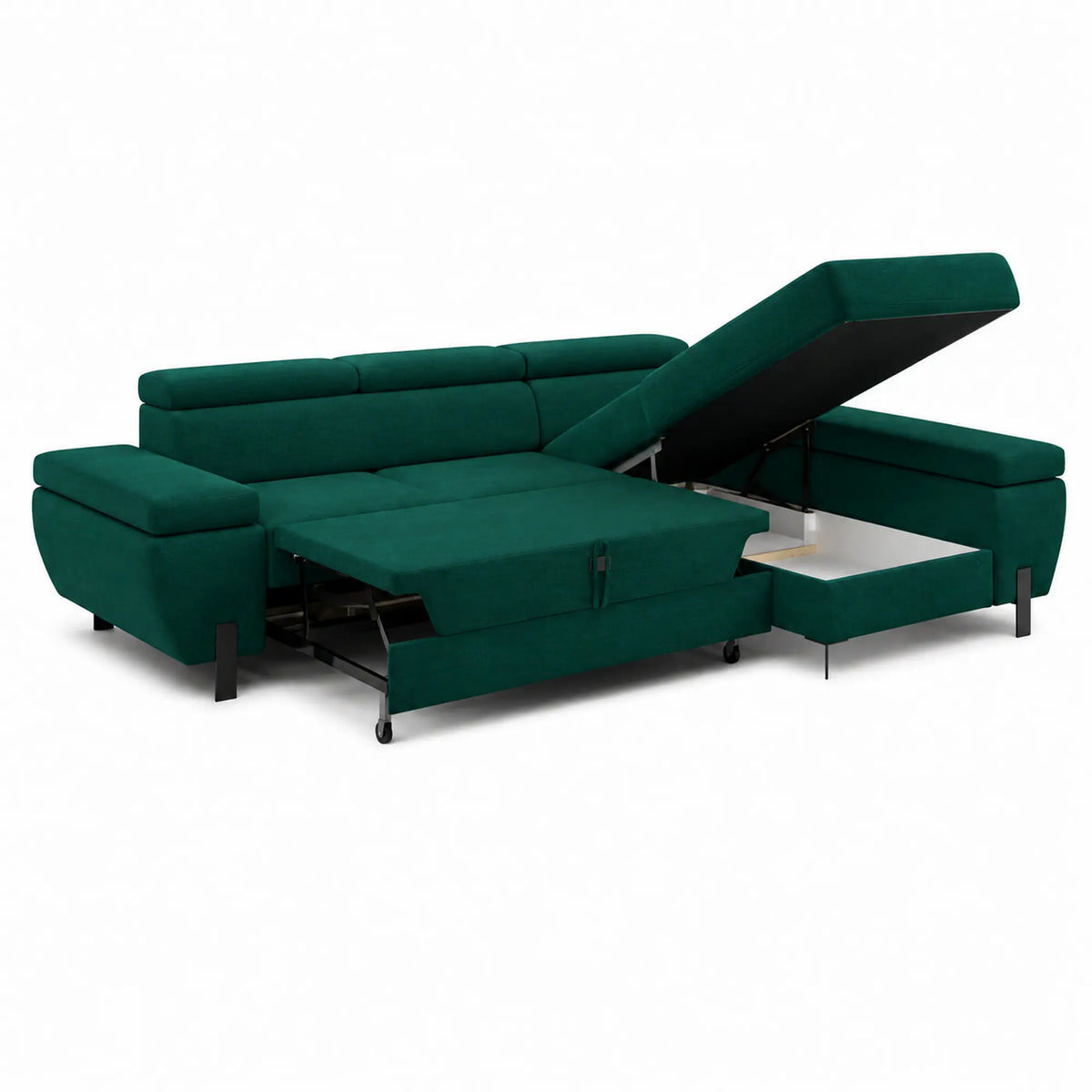 Coltar extensibil MOLINA MINI, sezlong dreapta, stofa catifelata verde - Element 20, cu lada depozitare, 277x189x90 cm