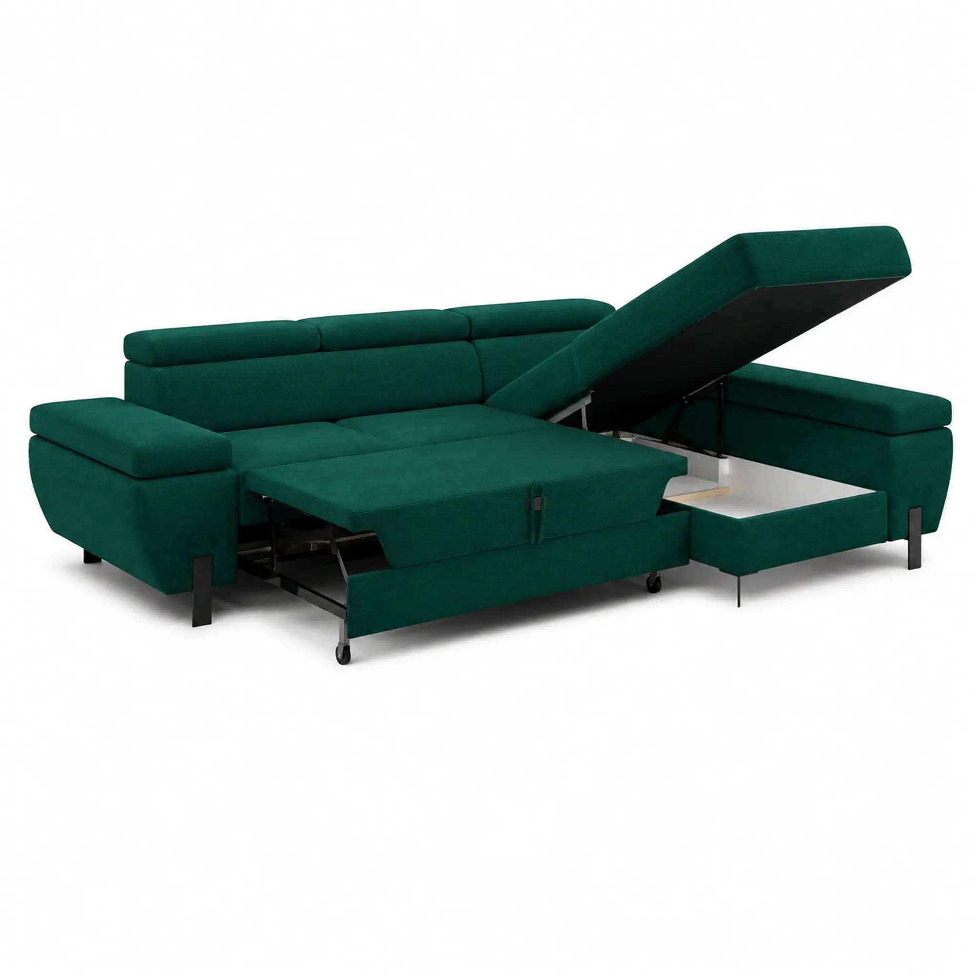 Coltar extensibil MOLINA MINI, sezlong dreapta, stofa catifelata verde - Element 20, cu lada depozitare, 277x189x90 cm