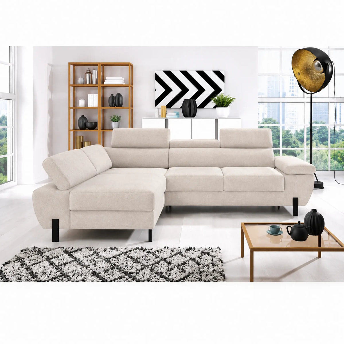 Coltar extensibil MOLINA MINI, sezlong stanga, stofa catifelata bej - Palladium 02, cu lada depozitare, 277x189x90 cm