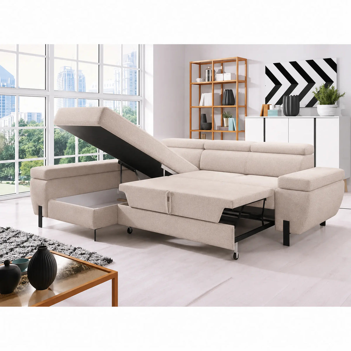Coltar extensibil MOLINA MINI, sezlong stanga, stofa catifelata bej - Palladium 02, cu lada depozitare, 277x189x90 cm