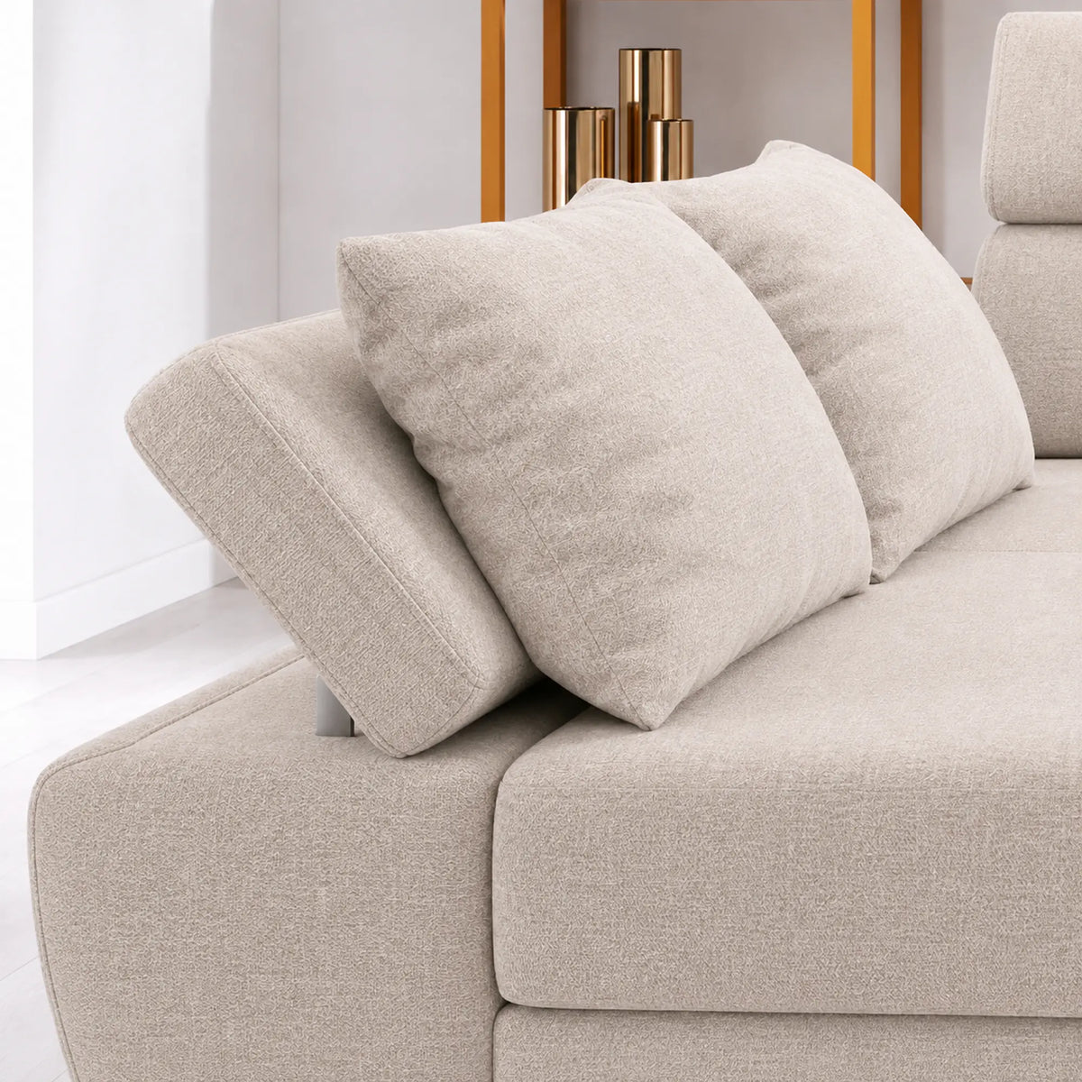 Coltar extensibil MOLINA MINI, sezlong stanga, stofa catifelata bej - Palladium 02, cu lada depozitare, 277x189x90 cm