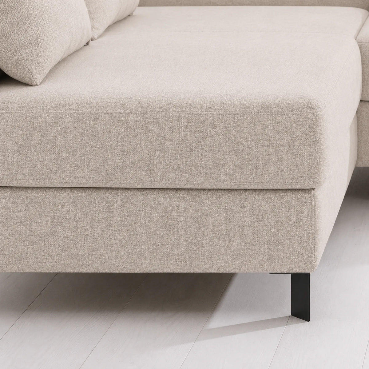 Coltar extensibil MOLINA MINI, sezlong stanga, stofa catifelata bej - Palladium 02, cu lada depozitare, 277x189x90 cm