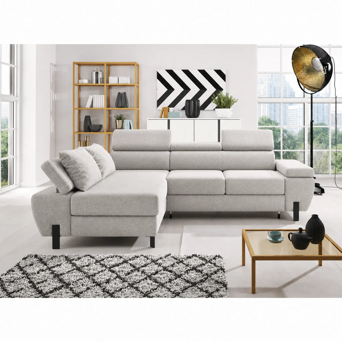 Coltar extensibil MOLINA MINI, sezlong stanga, stofa catifelata gri - Salvador 13, cu lada depozitare si tetiere reglabile, 277x189x90 cm