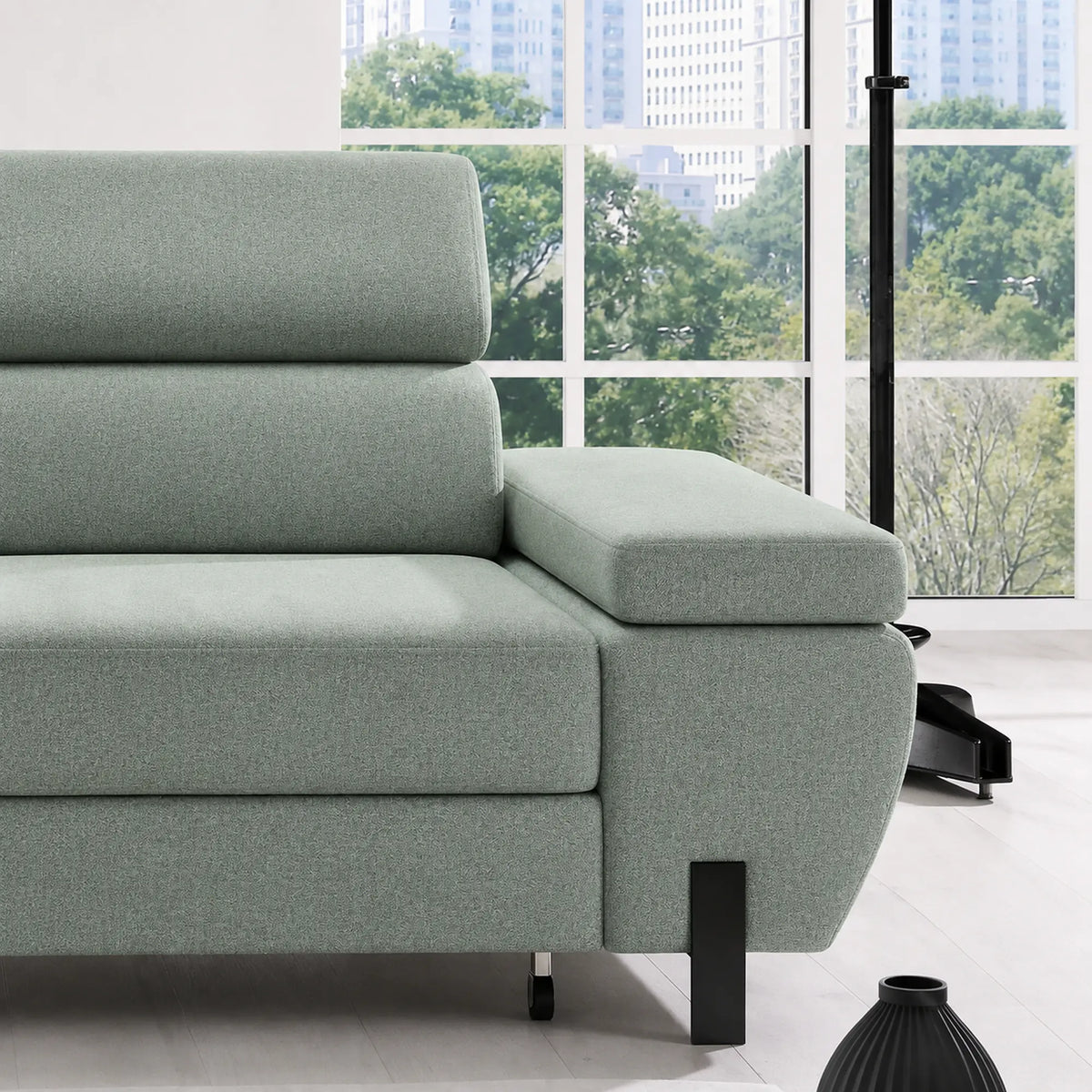 Coltar extensibil MOLINA MINI, sezlong stanga, stofa catifelata verde menta - Salvador 12, cu lada depozitare si tetiere reglabile, 277x189x90 cm