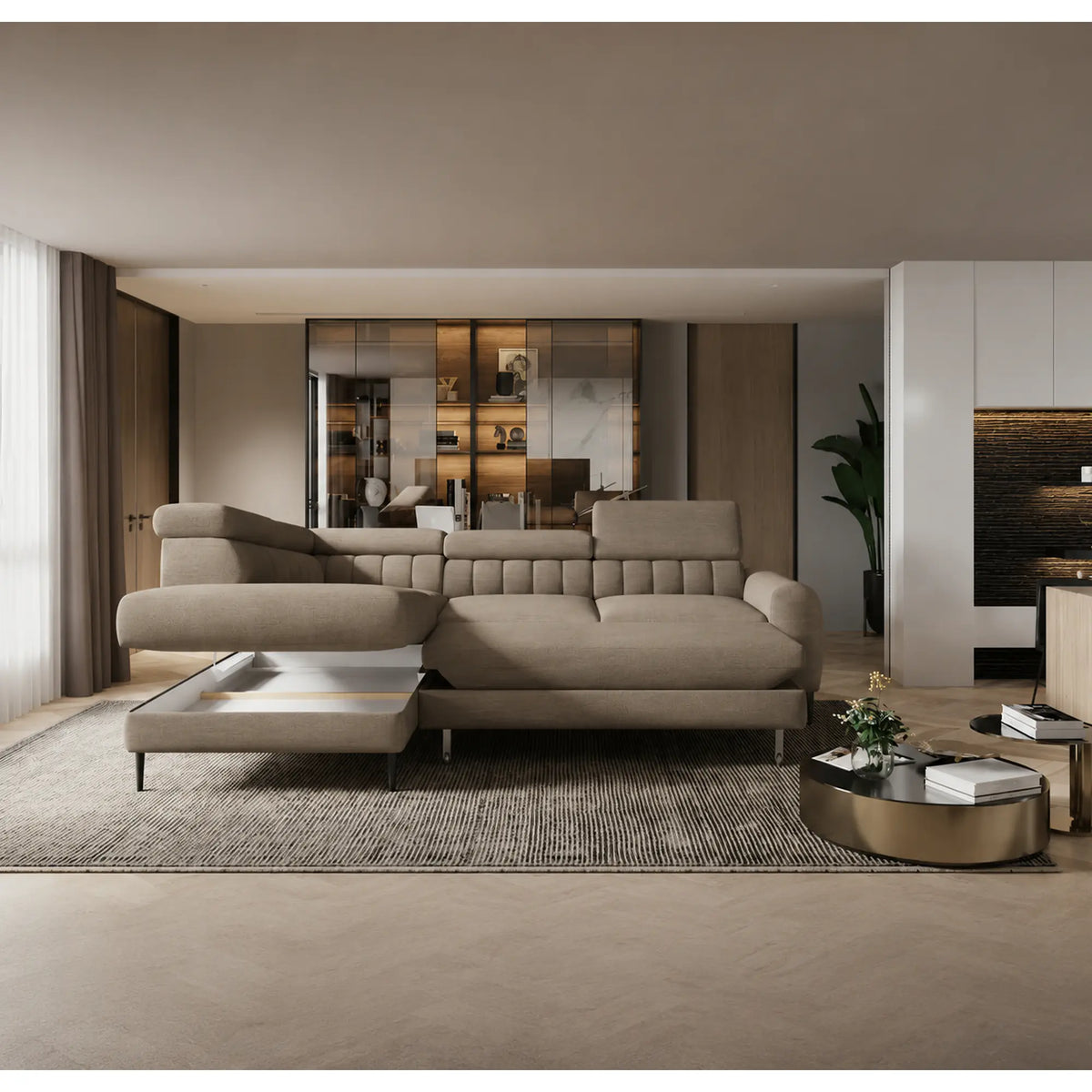 Coltar extensibil NAVAS L, sezlong stanga, stofa catifelata bej - Riviera 16, cu lada depozitare si tetiere reglabile, 246x175x86 cm