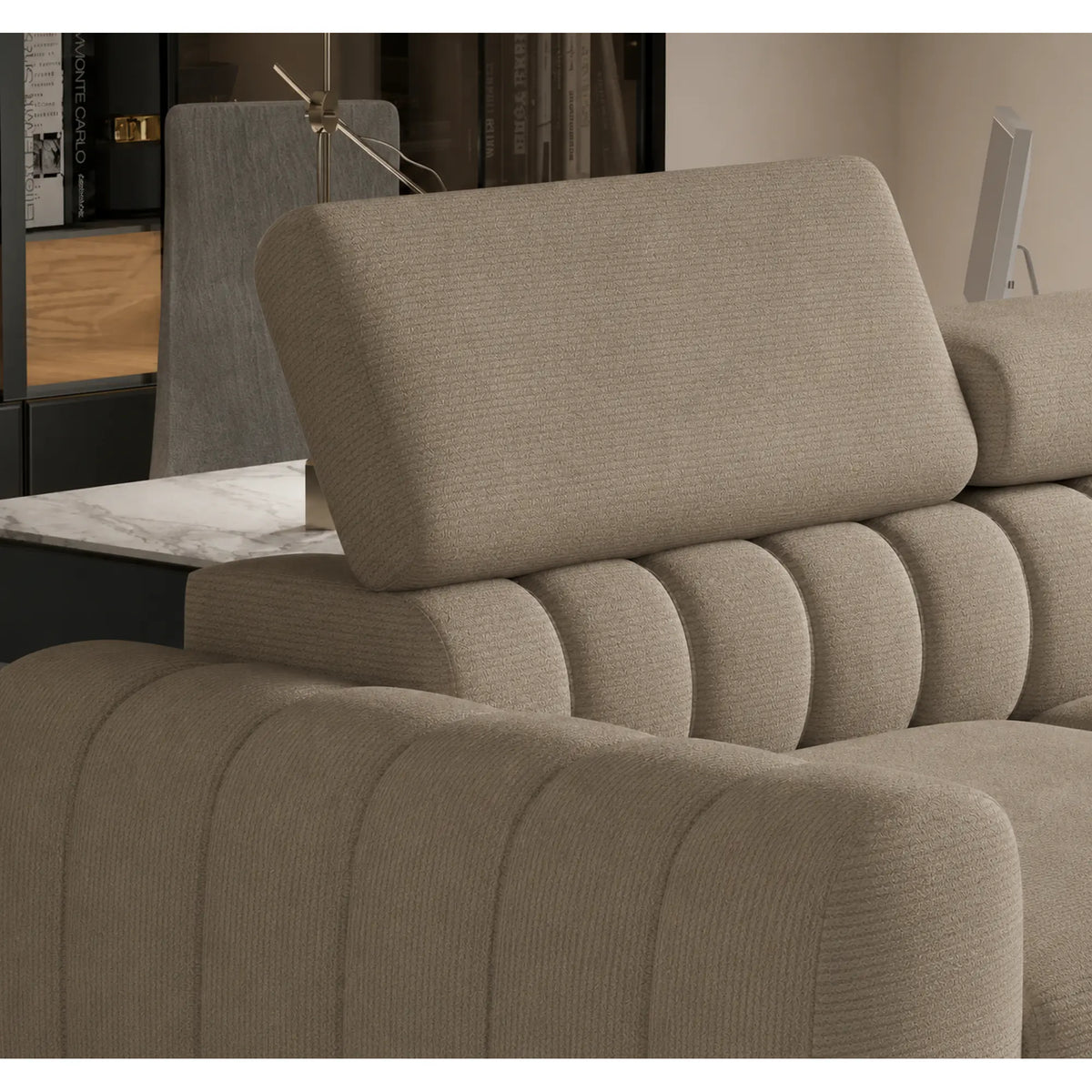 Coltar extensibil NAVAS L, sezlong stanga, stofa catifelata bej - Riviera 16, cu lada depozitare si tetiere reglabile, 246x175x86 cm