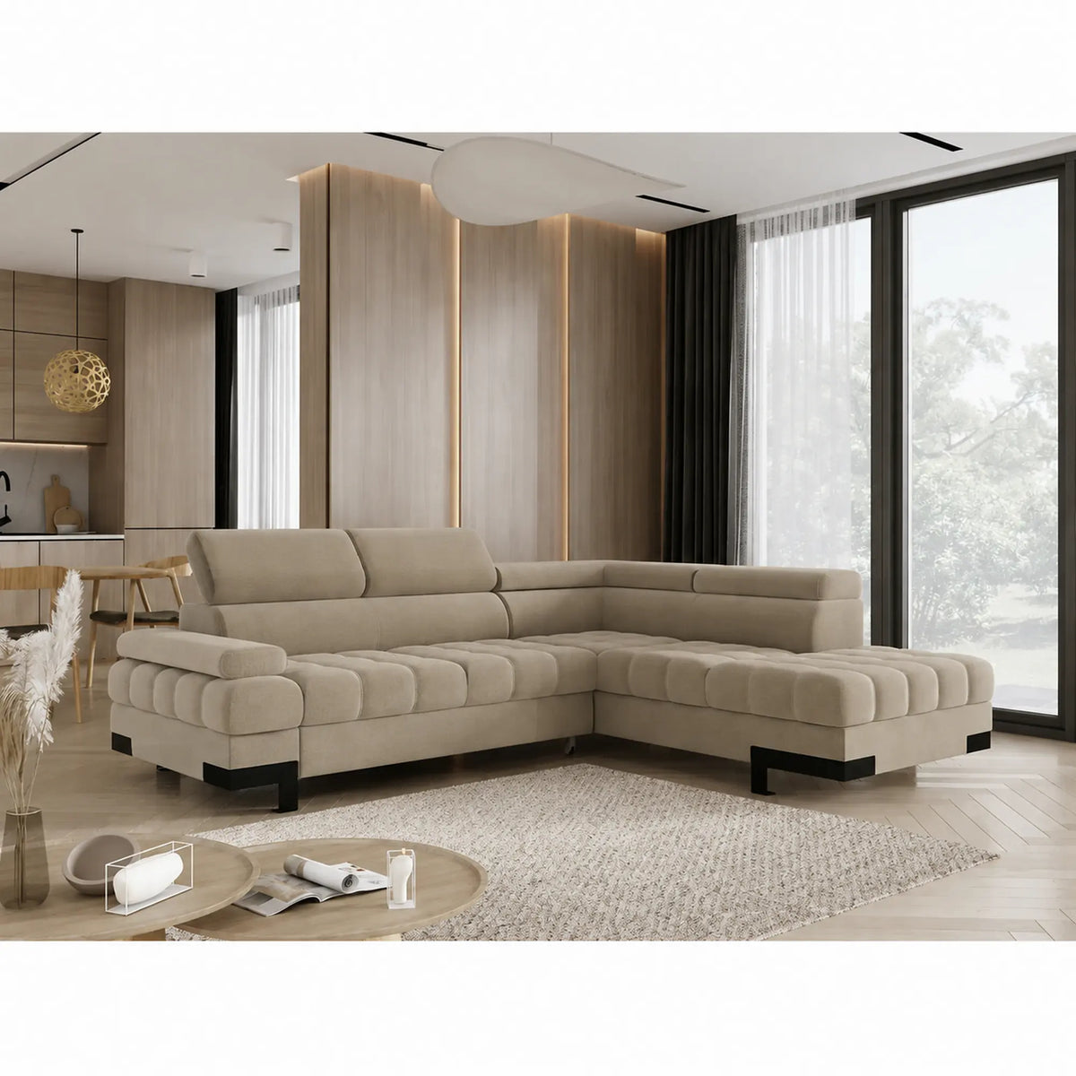 Coltar extensibil SELVA L, sezlong dreapta, stofa catifelata bej - Riviera 16, cu lada depozitare, 263x223x95 cm