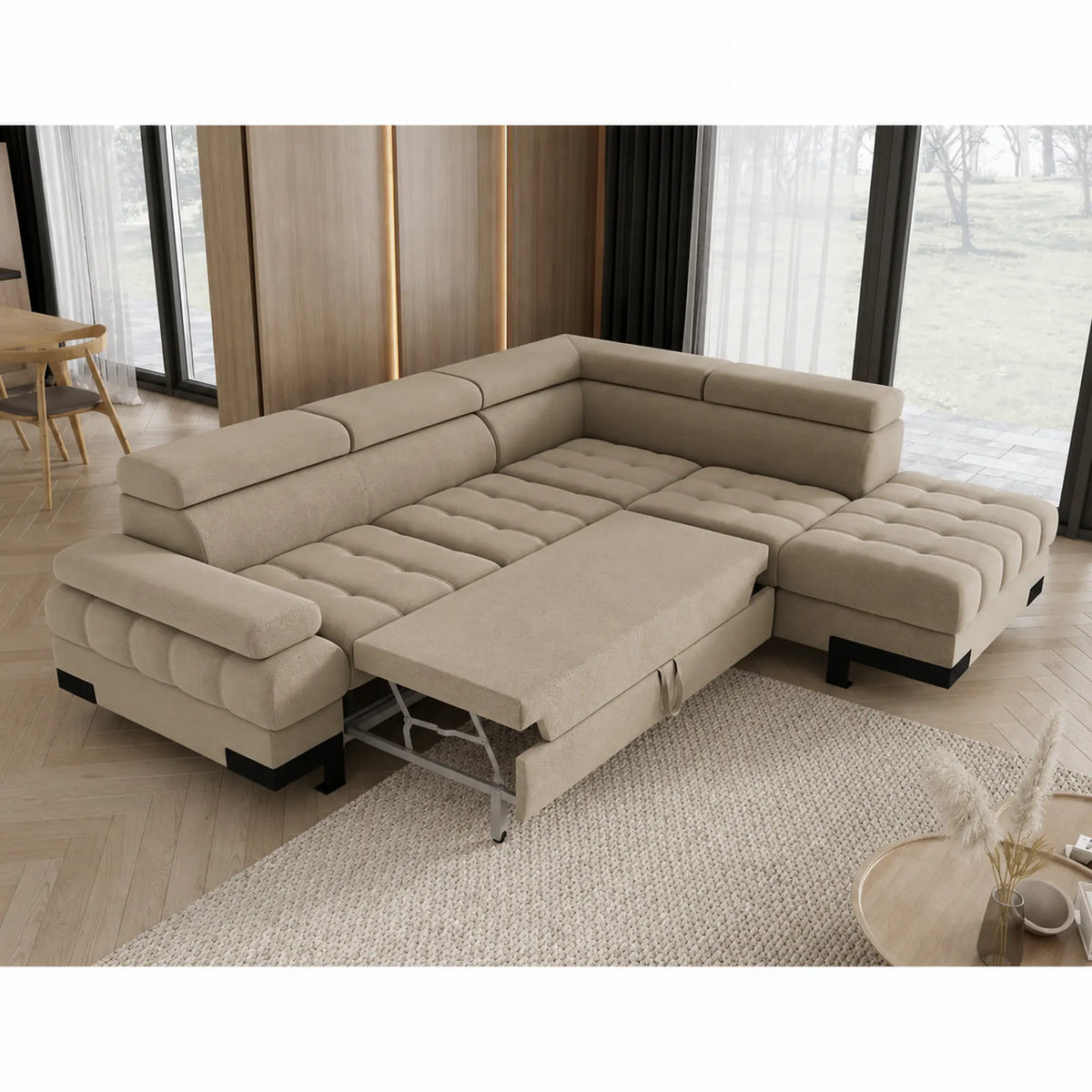 Coltar extensibil SELVA L, sezlong dreapta, stofa catifelata bej - Riviera 16, cu lada depozitare, 263x223x95 cm
