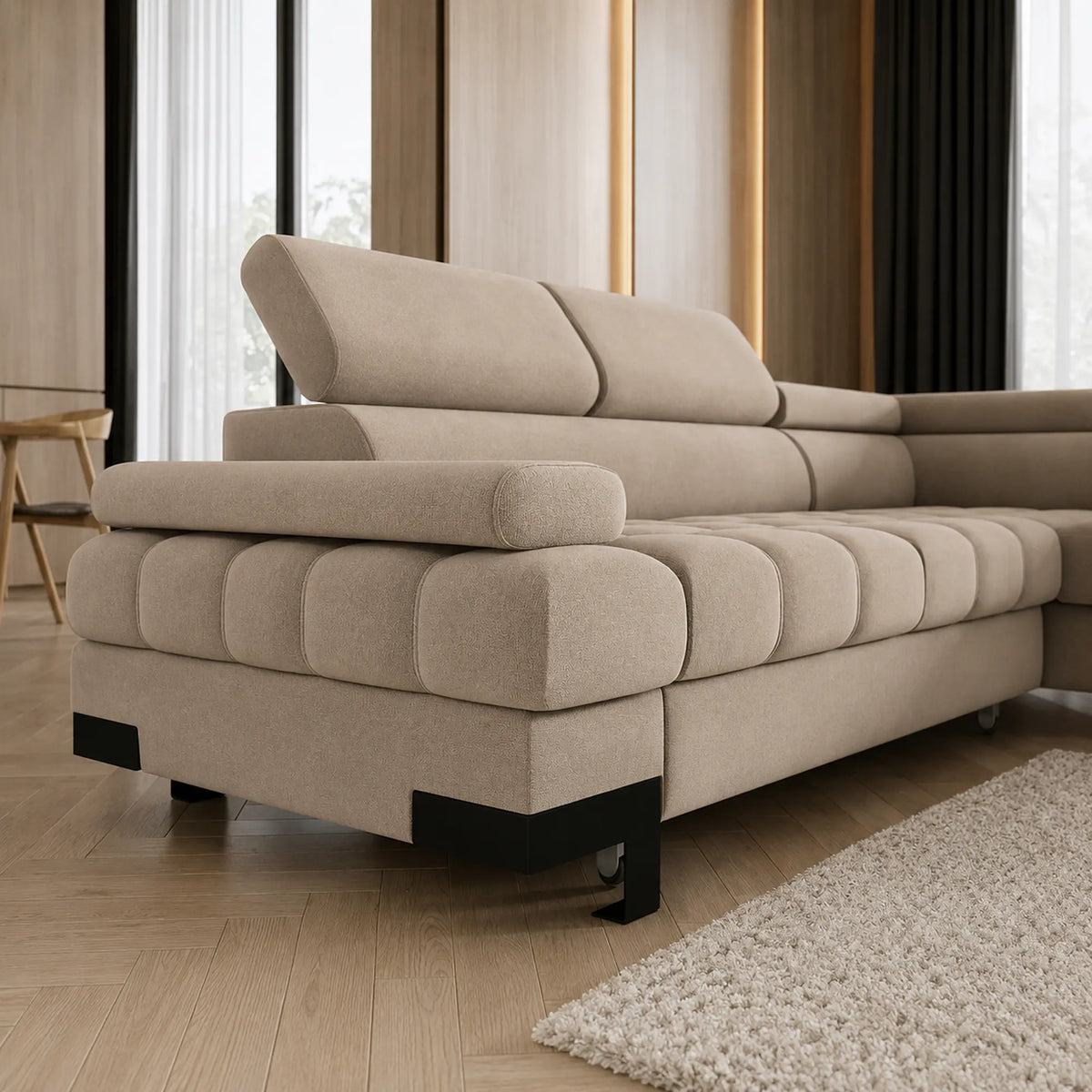 Coltar extensibil SELVA L, sezlong dreapta, stofa catifelata bej - Riviera 16, cu lada depozitare, 263x223x95 cm