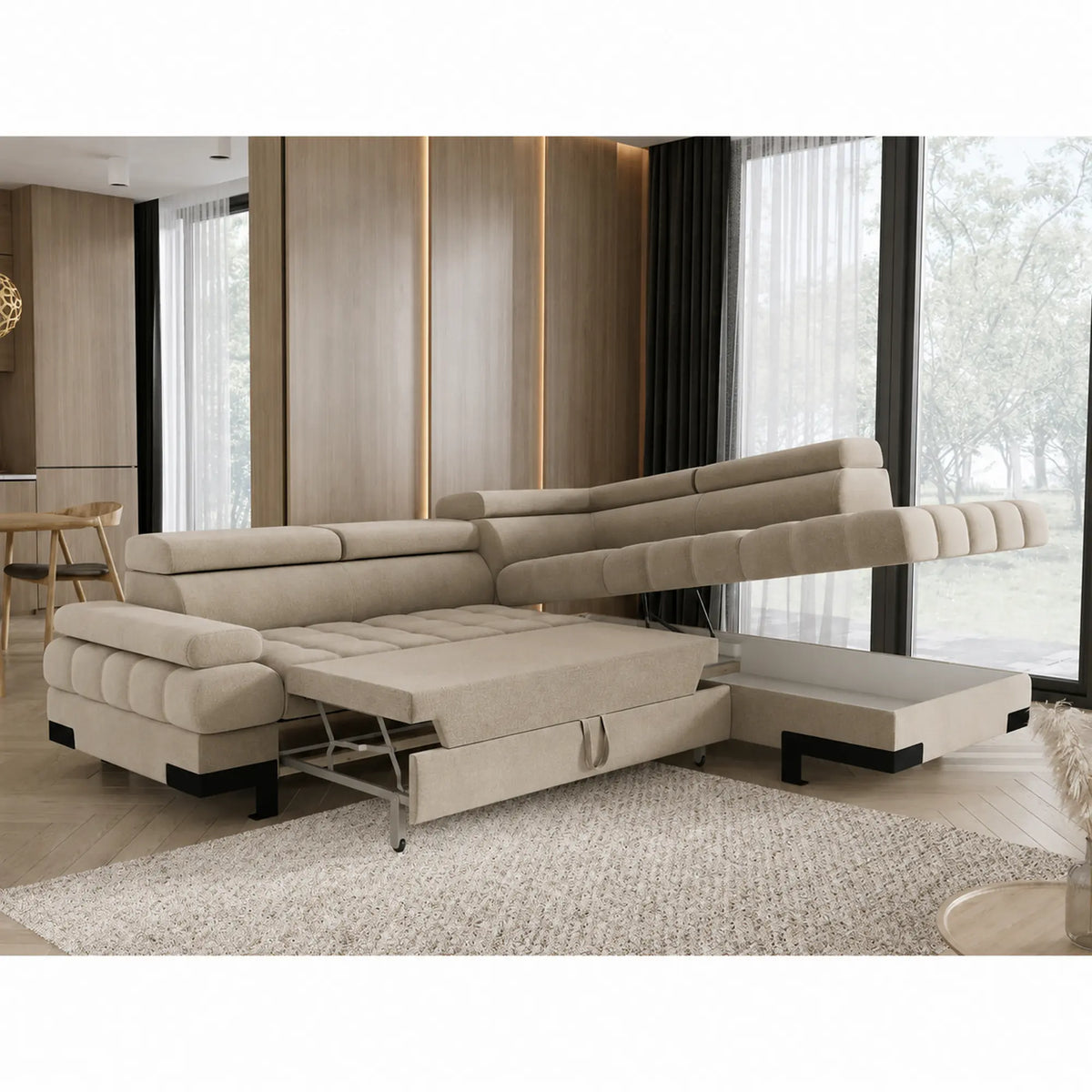 Coltar extensibil SELVA L, sezlong dreapta, stofa catifelata bej - Riviera 16, cu lada depozitare, 263x223x95 cm
