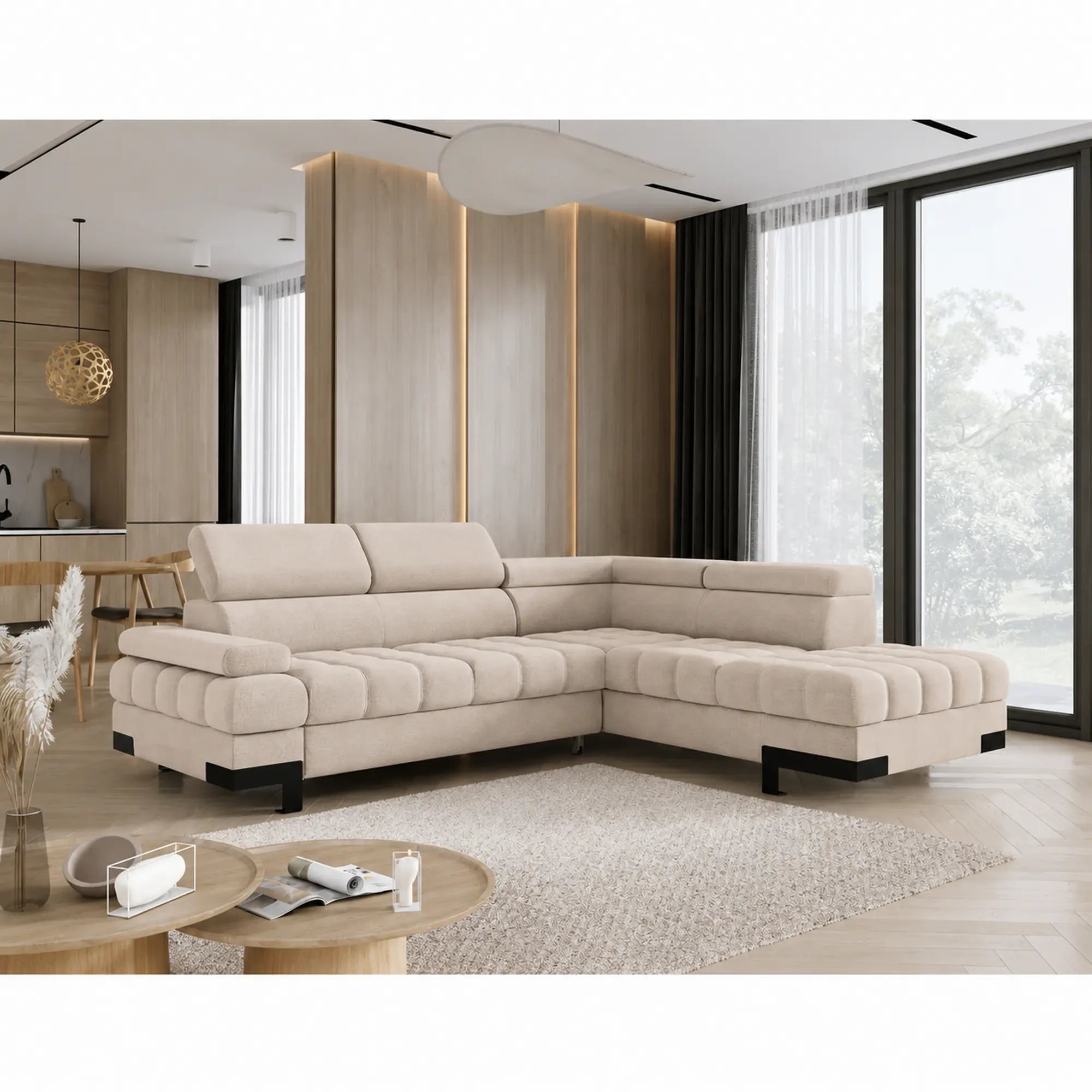 Coltar extensibil SELVA L, sezlong dreapta, stofa catifelata bej - Vogue 1, cu lada depozitare si tetiere reglabile, 263x223x95 cm