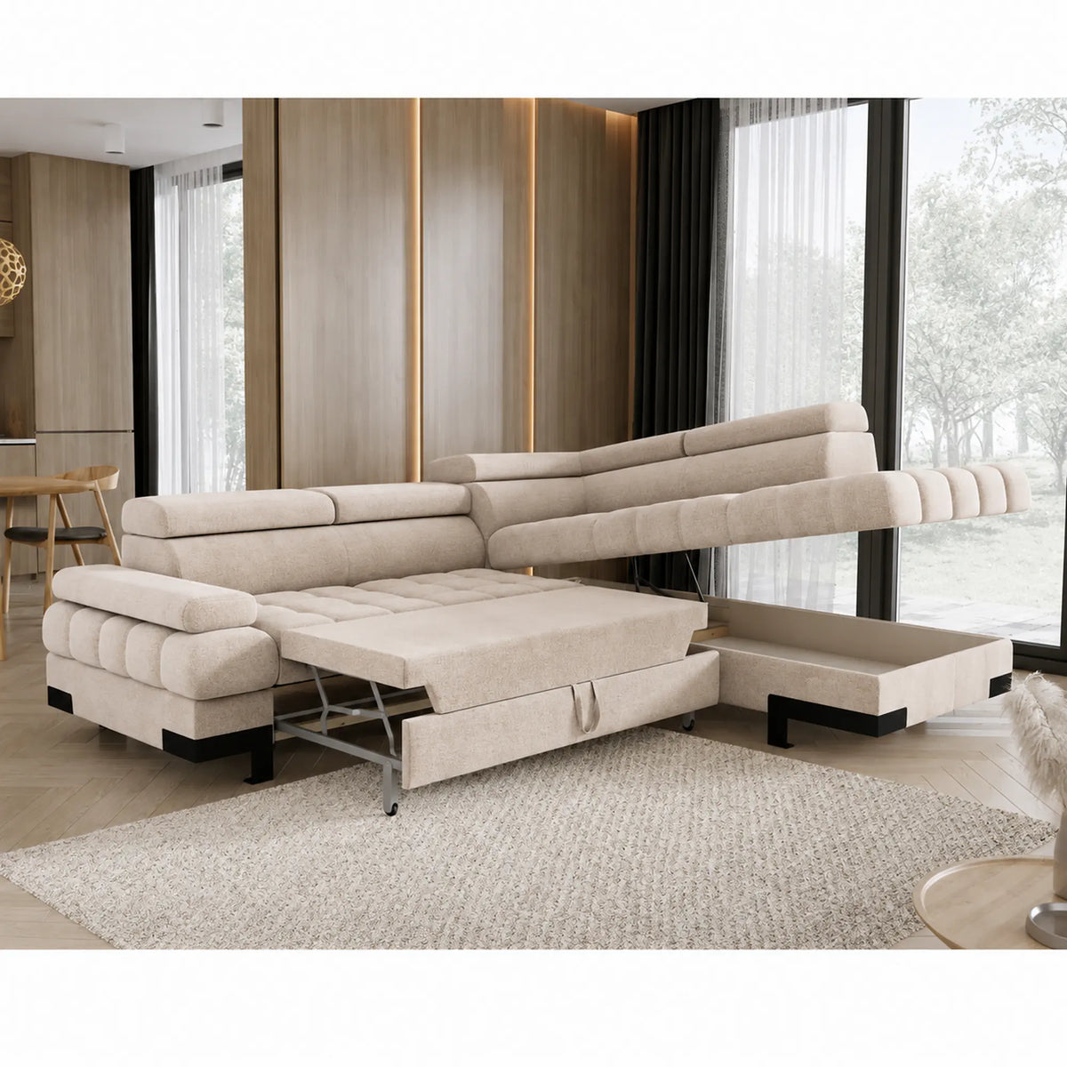 Coltar extensibil SELVA L, sezlong dreapta, stofa catifelata bej - Vogue 1, cu lada depozitare si tetiere reglabile, 263x223x95 cm