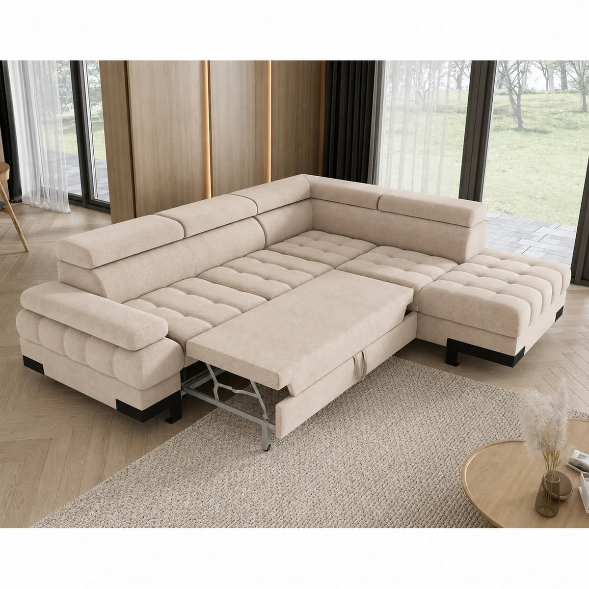 Coltar extensibil SELVA L, sezlong dreapta, stofa catifelata bej - Vogue 1, cu lada depozitare si tetiere reglabile, 263x223x95 cm