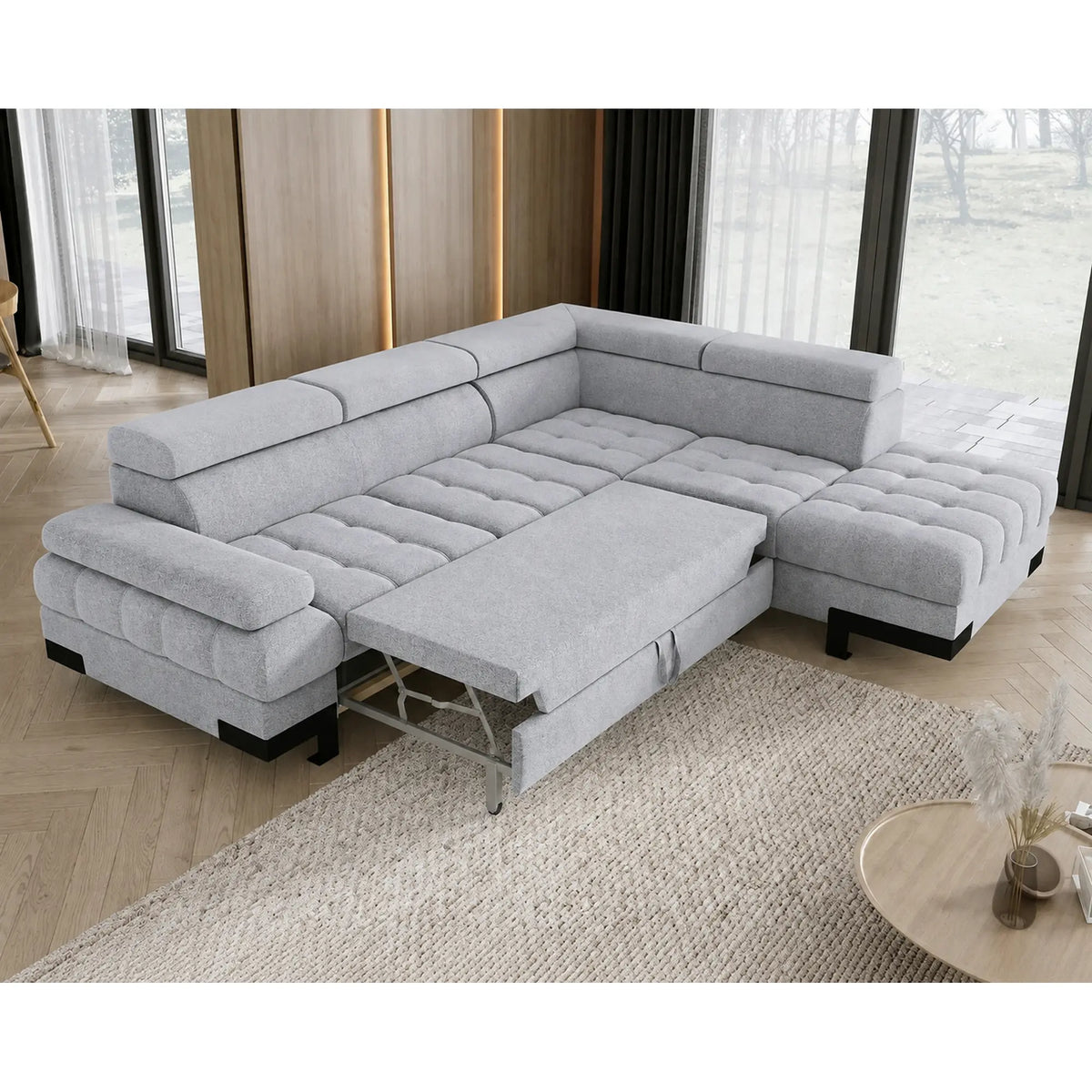 Coltar extensibil SELVA L, sezlong dreapta, stofa catifelata gri - Whisper 16, cu lada depozitare si tetiere reglabile, 263x223x95 cm