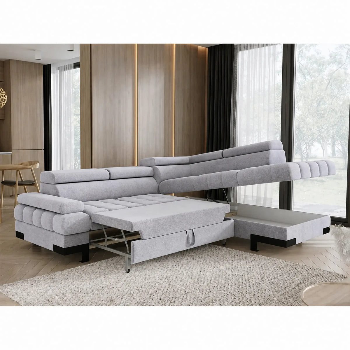 Coltar extensibil SELVA L, sezlong dreapta, stofa catifelata gri - Whisper 16, cu lada depozitare si tetiere reglabile, 263x223x95 cm