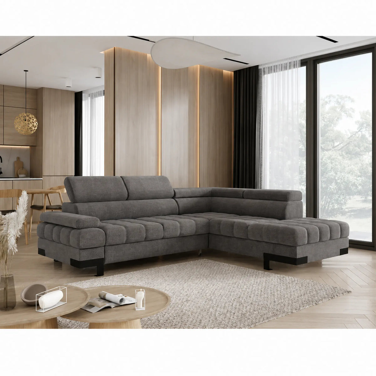 Coltar extensibil SELVA L, sezlong dreapta, stofa catifelata gri antracit - Salvador 15, cu lada depozitare si tetiere reglabile, 263x223x95 cm