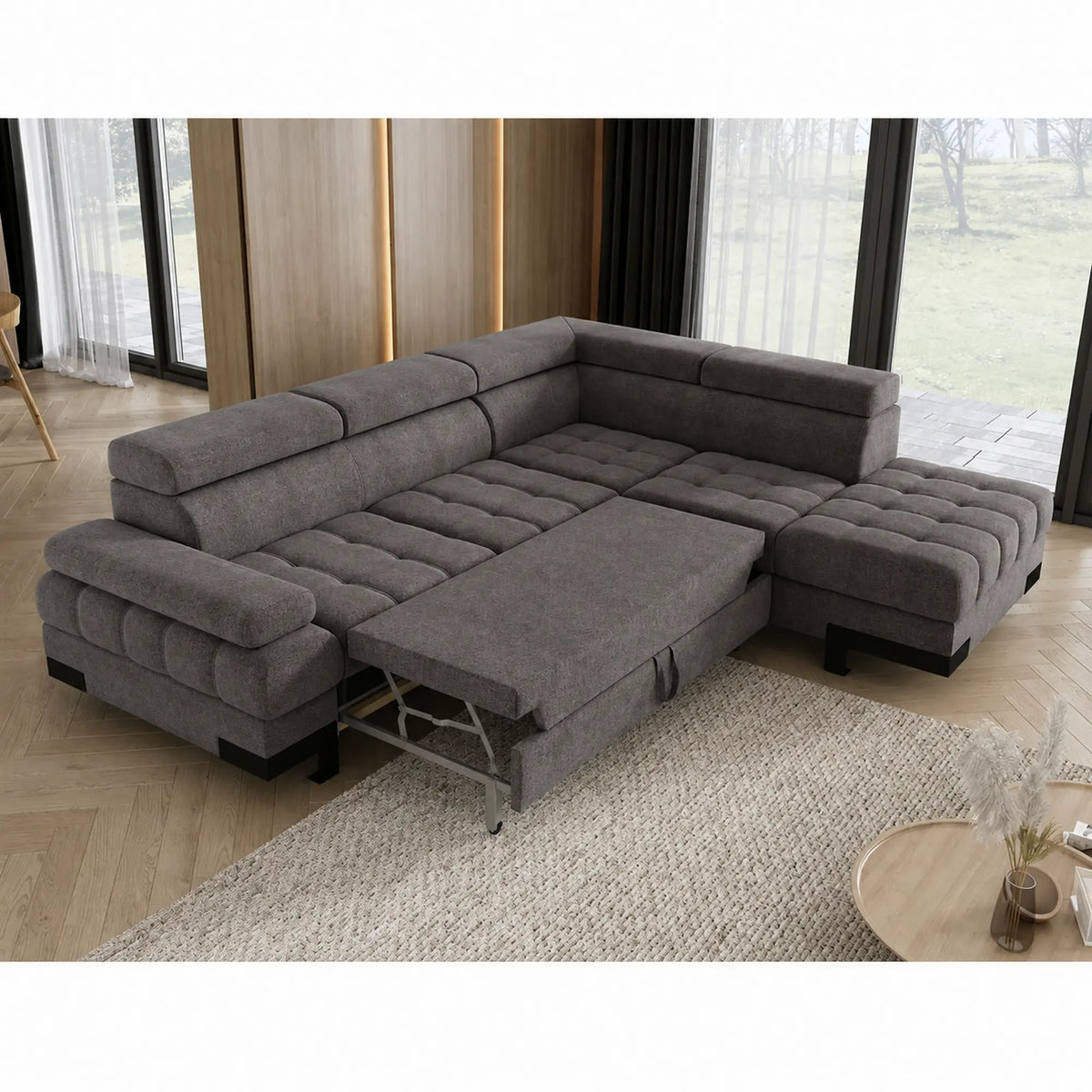 Coltar extensibil SELVA L, sezlong dreapta, stofa catifelata gri antracit - Salvador 15, cu lada depozitare si tetiere reglabile, 263x223x95 cm