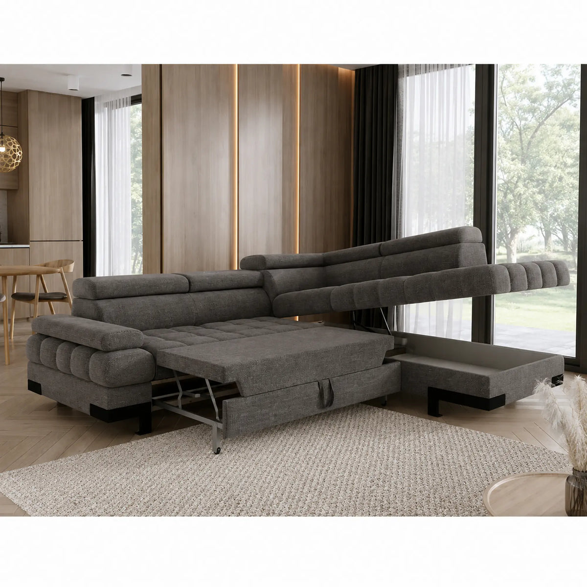 Coltar extensibil SELVA L, sezlong dreapta, stofa catifelata gri antracit - Salvador 15, cu lada depozitare si tetiere reglabile, 263x223x95 cm