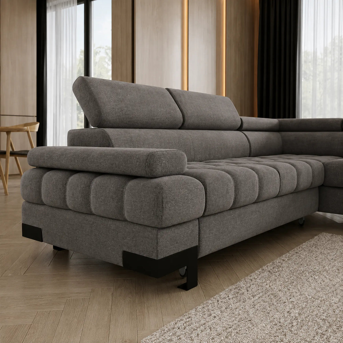 Coltar extensibil SELVA L, sezlong dreapta, stofa catifelata gri antracit - Salvador 15, cu lada depozitare si tetiere reglabile, 263x223x95 cm