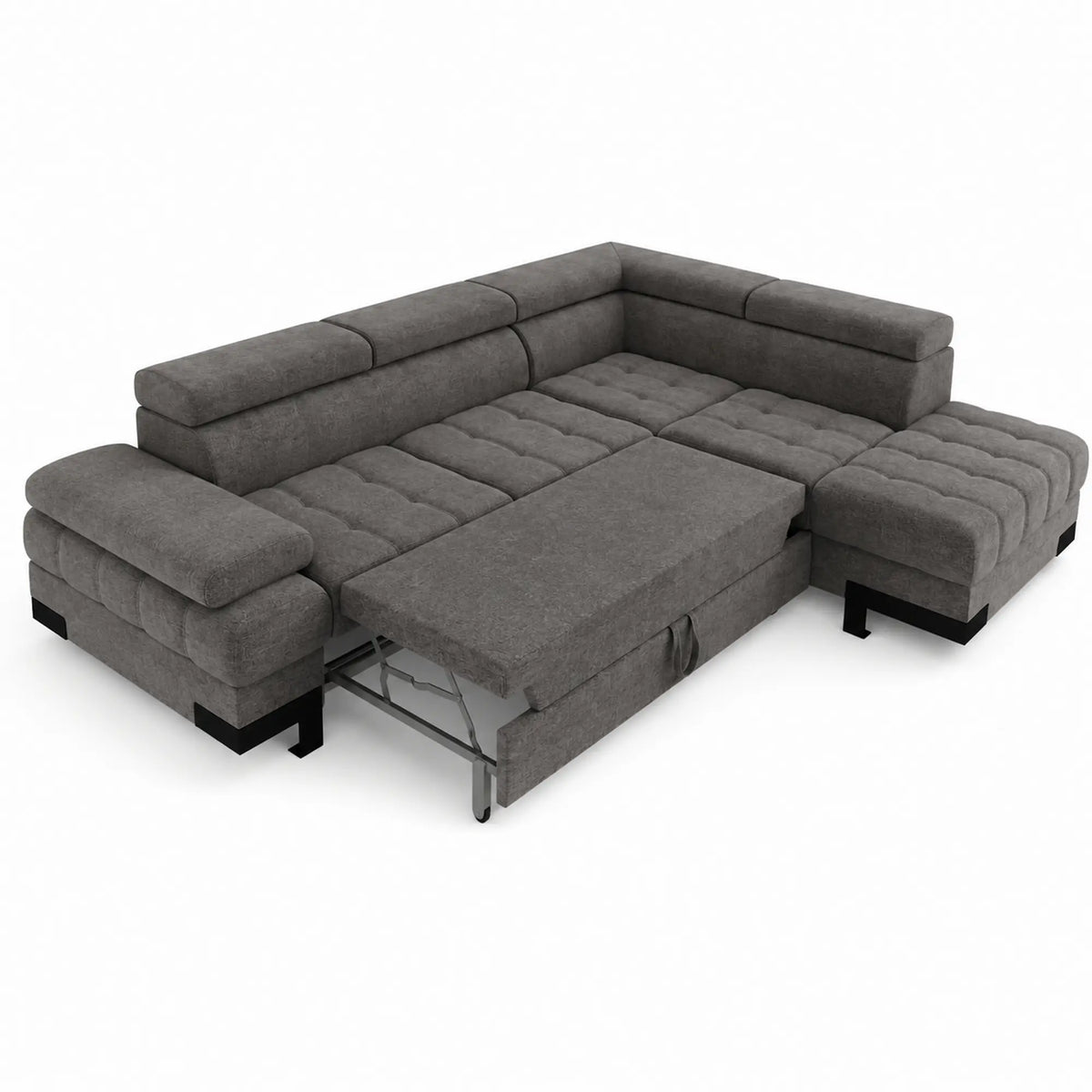 Coltar extensibil SELVA L, sezlong dreapta, stofa catifelata gri antracit - Salvador 15, cu lada depozitare si tetiere reglabile, 263x223x95 cm