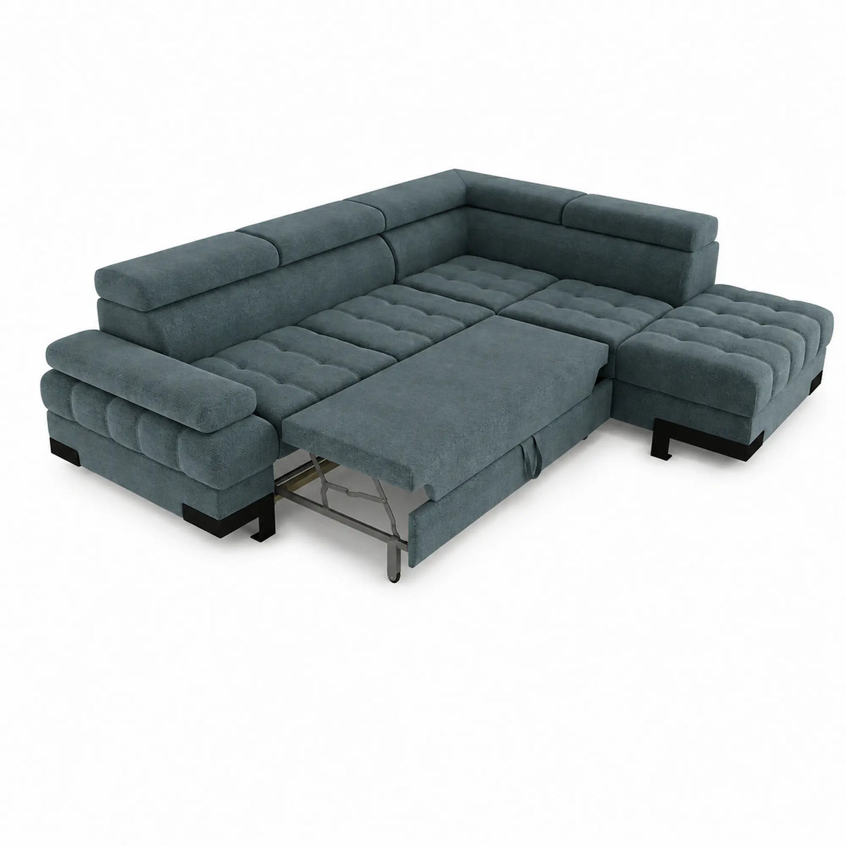 Coltar extensibil SELVA L, sezlong dreapta, stofa catifelata turcoaz inchis - Cloud 75, cu lada depozitare si tetiere reglabile, 263x223x95 cm