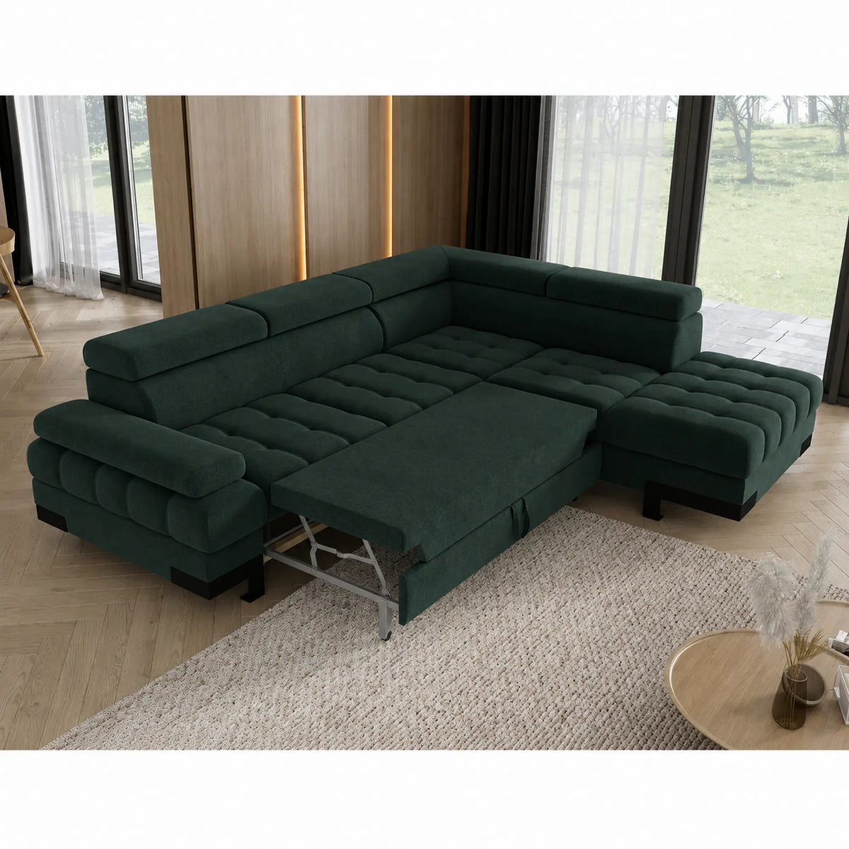 Coltar extensibil SELVA L, sezlong dreapta, stofa catifelata verde inchis - Element 12, cu lada depozitare si tetiere reglabile, 263x223x95 cm